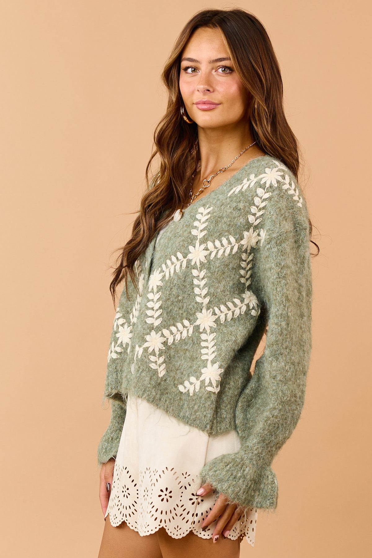 Pistachio Green Floral Embroidered Sweater Cardigan