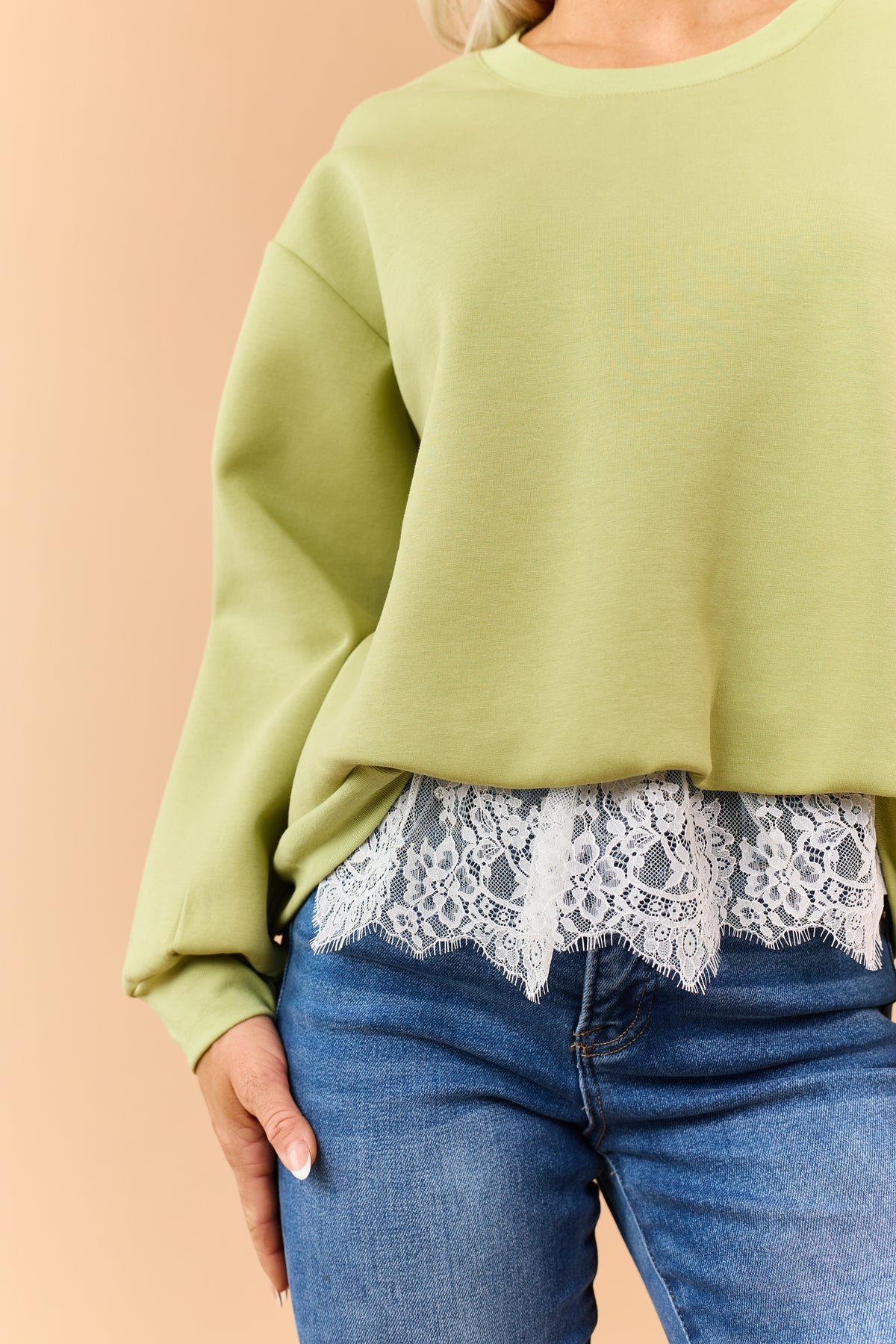Pistachio Green Relaxed Lace Hem Sweatshirt