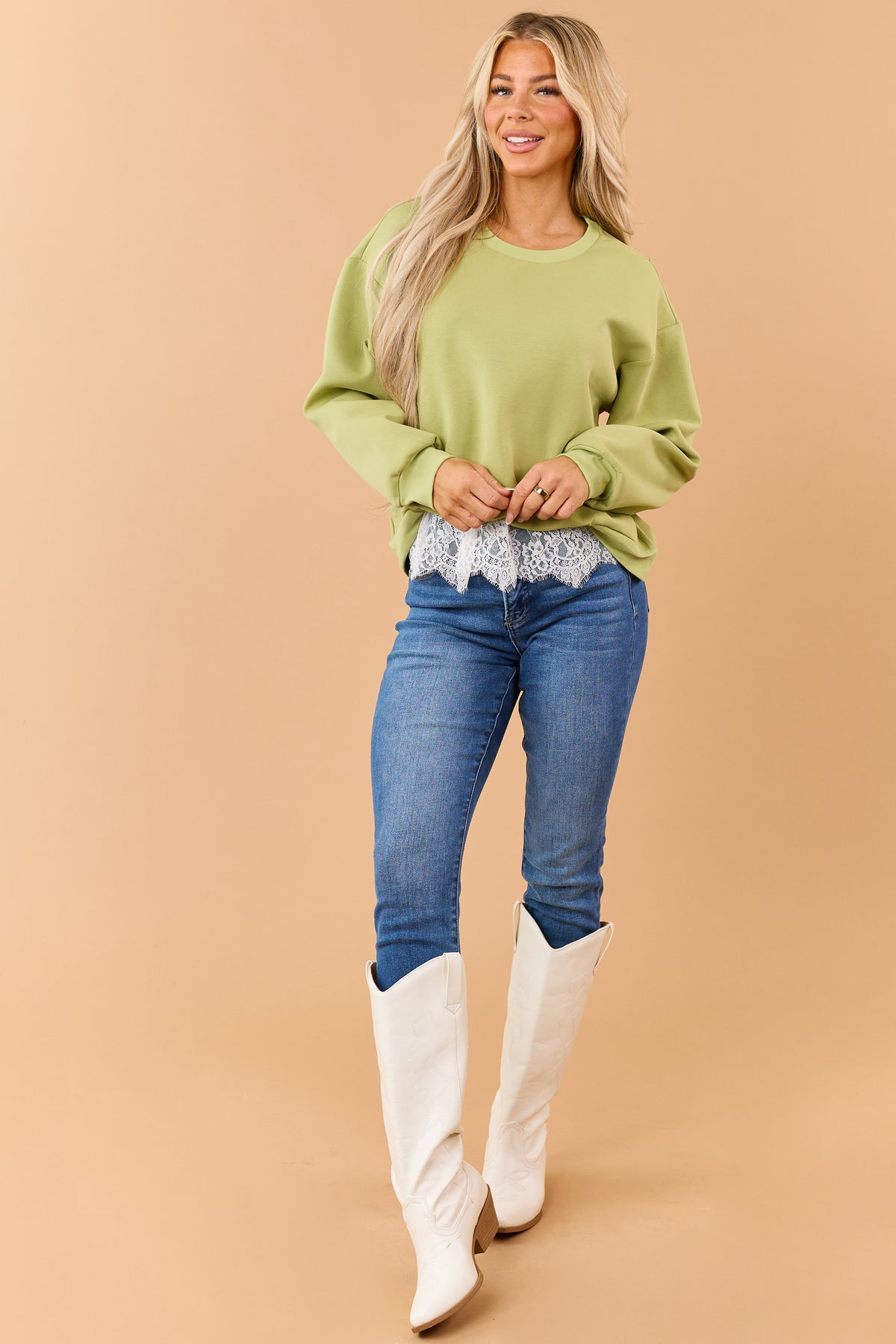 Pistachio Green Relaxed Lace Hem Sweatshirt