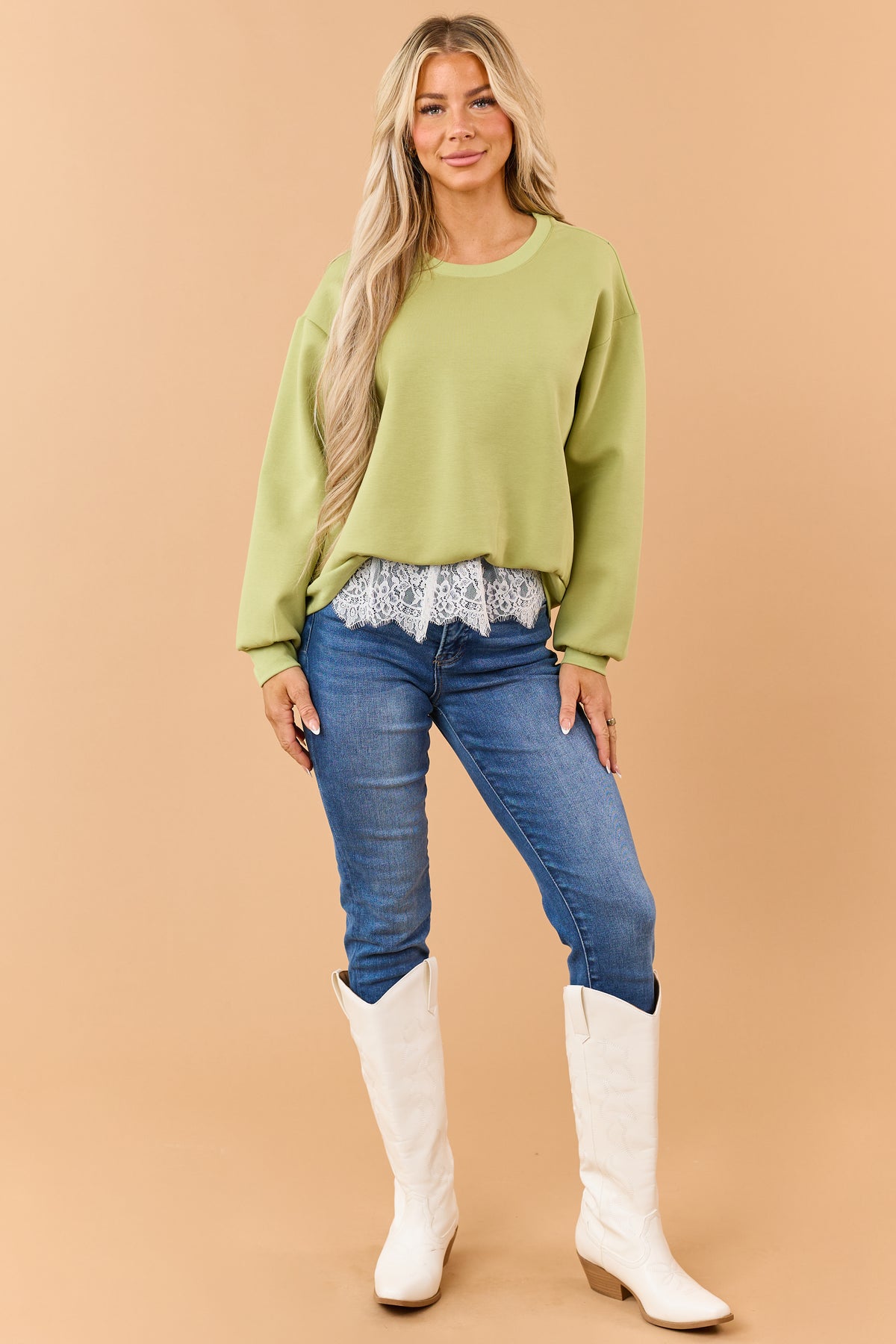 Pistachio Green Relaxed Lace Hem Sweatshirt