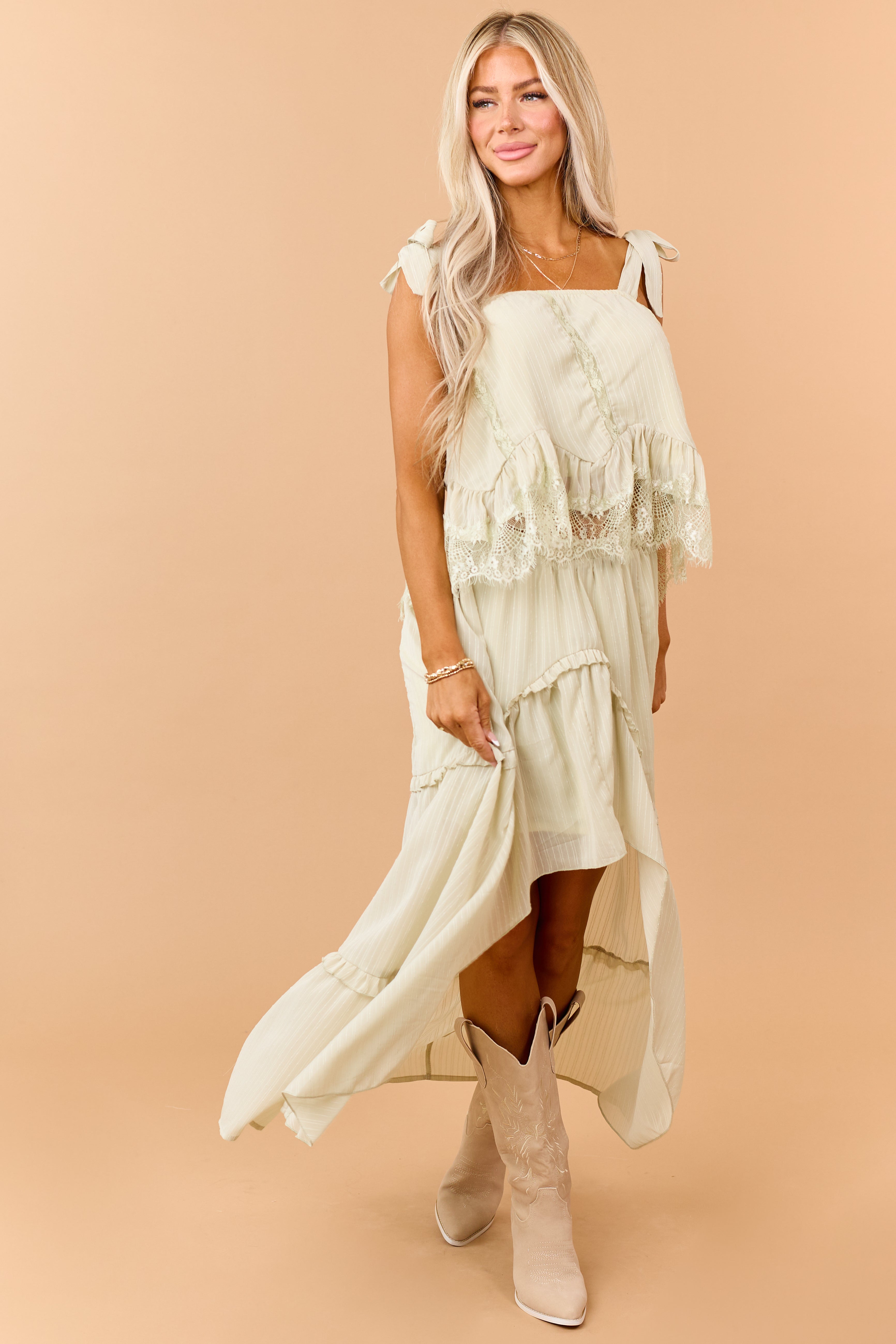 Pistachio Lace Ruffle Trim Tie Strap Tank Top