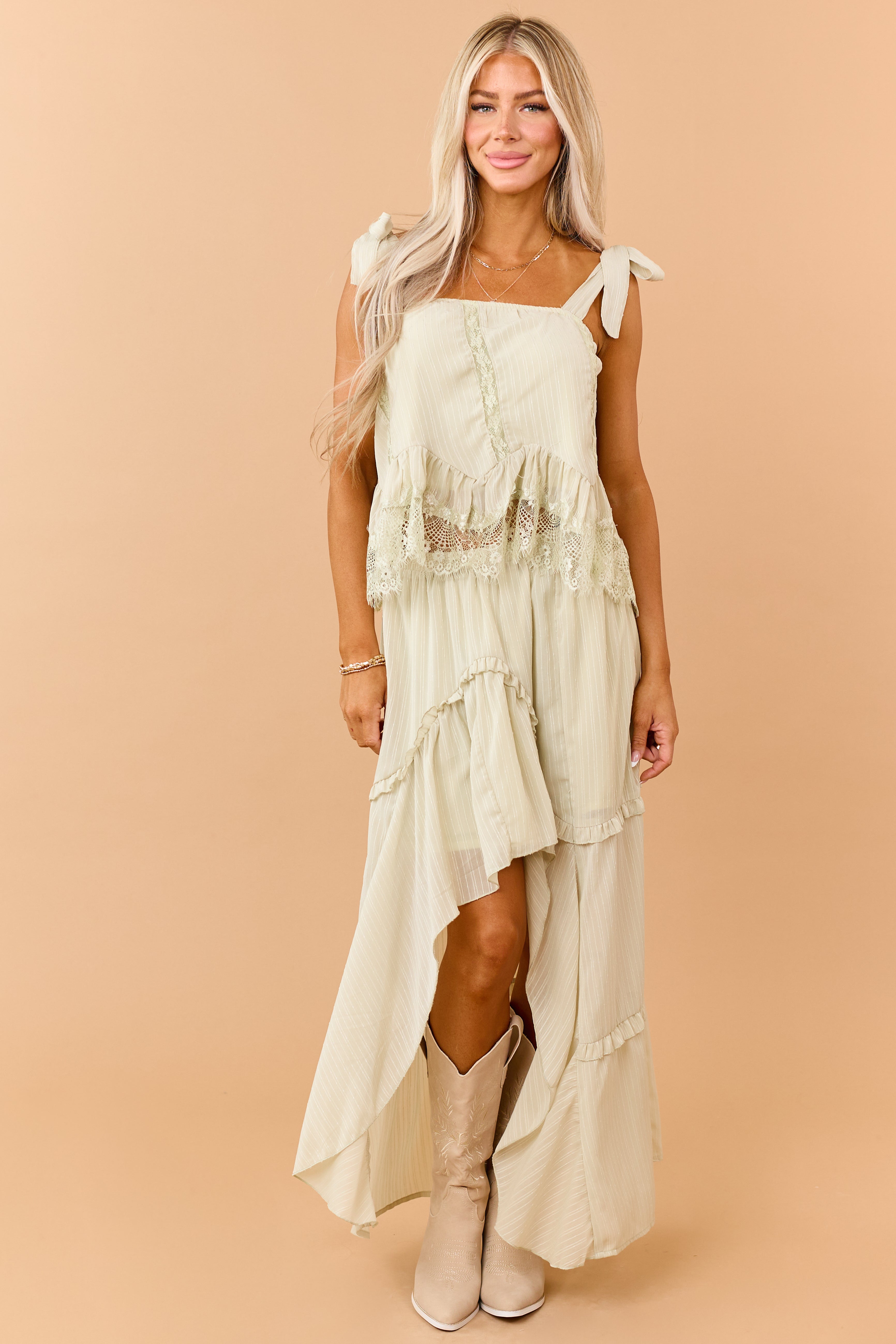 Pistachio Lace Ruffle Trim Tie Strap Tank Top