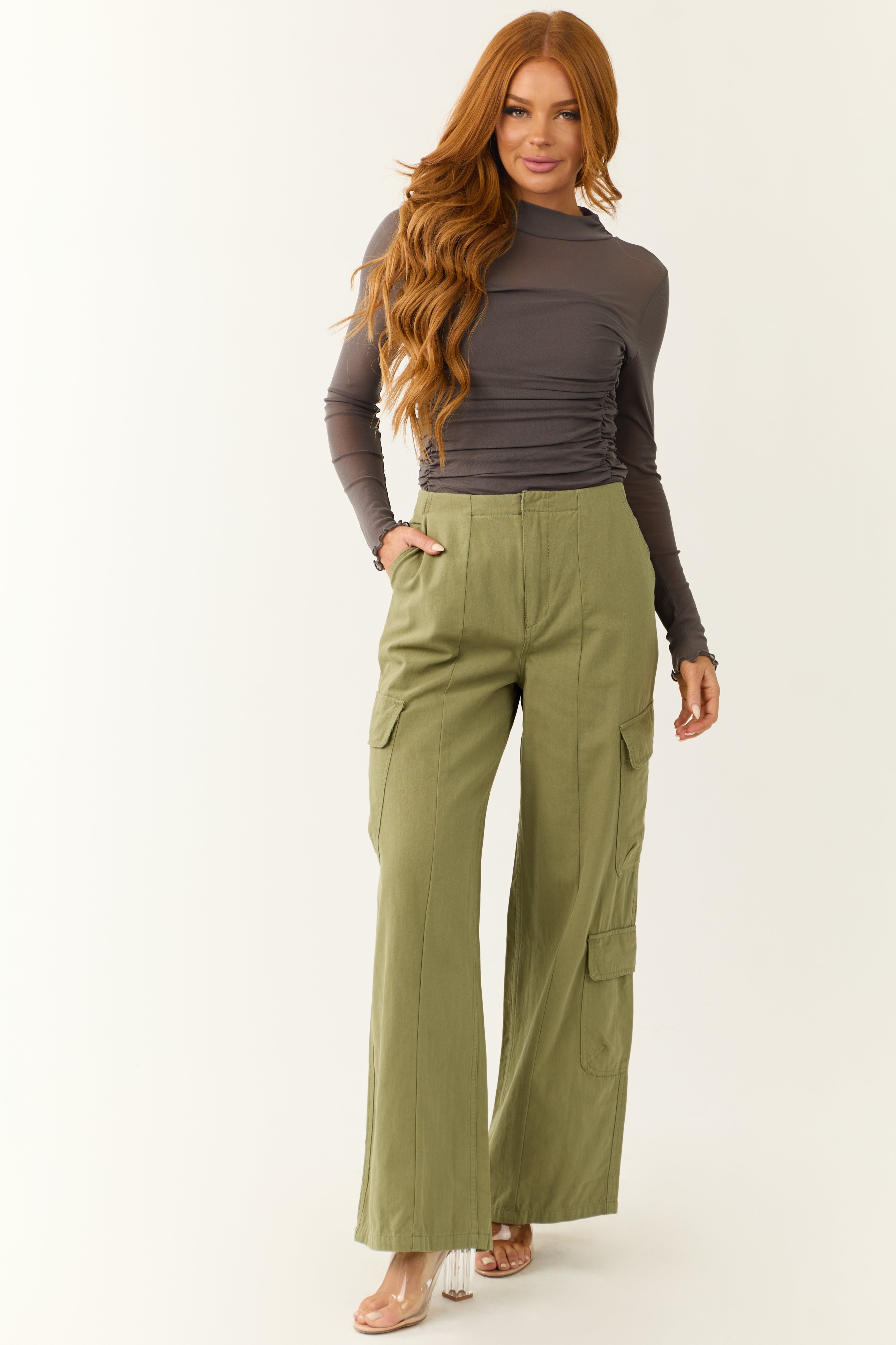 Pistachio Mid Rise Wide Leg Cargo Pants | Lime Lush Boutique