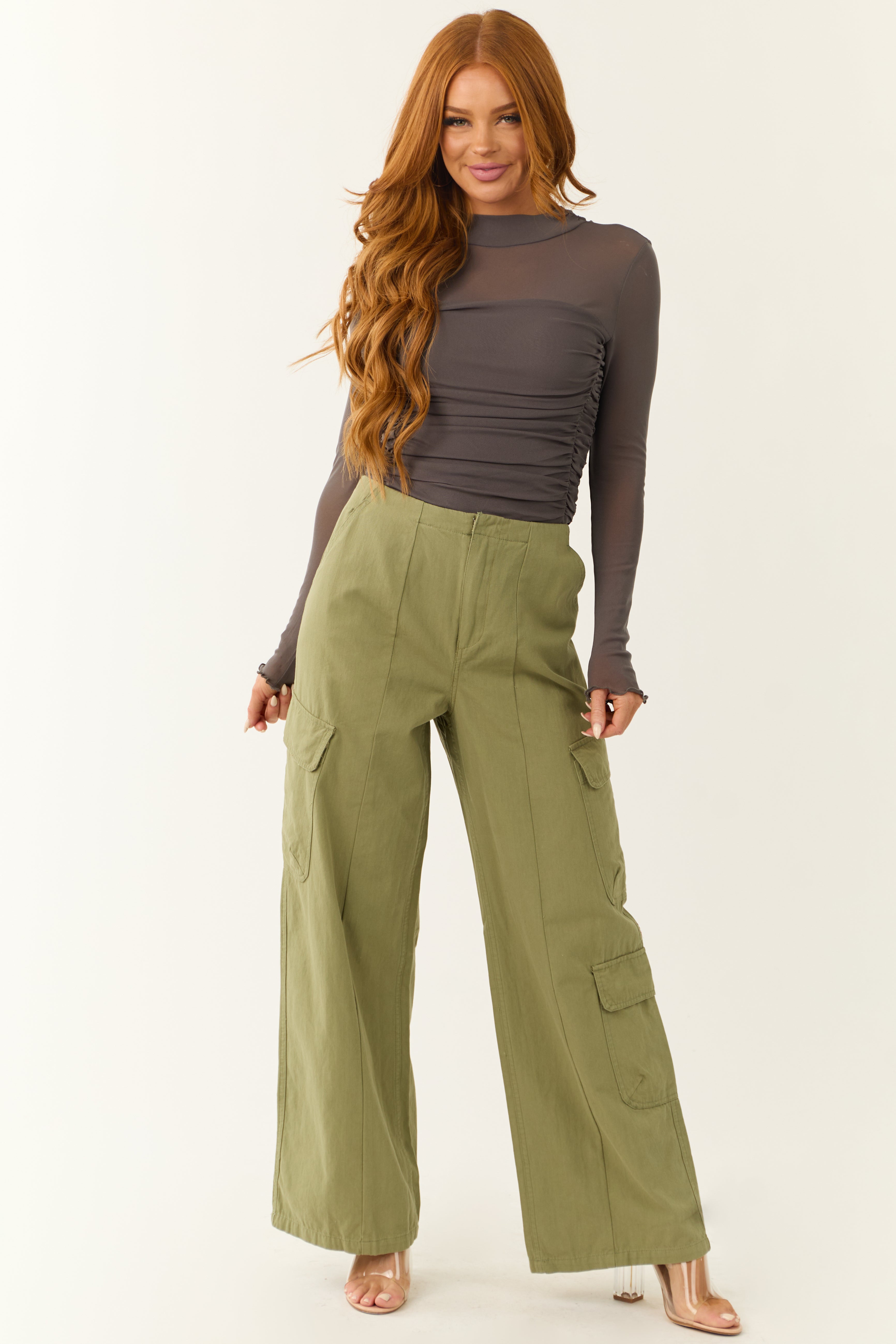 Pistachio Mid Rise Wide Leg Cargo Pants | Lime Lush Boutique