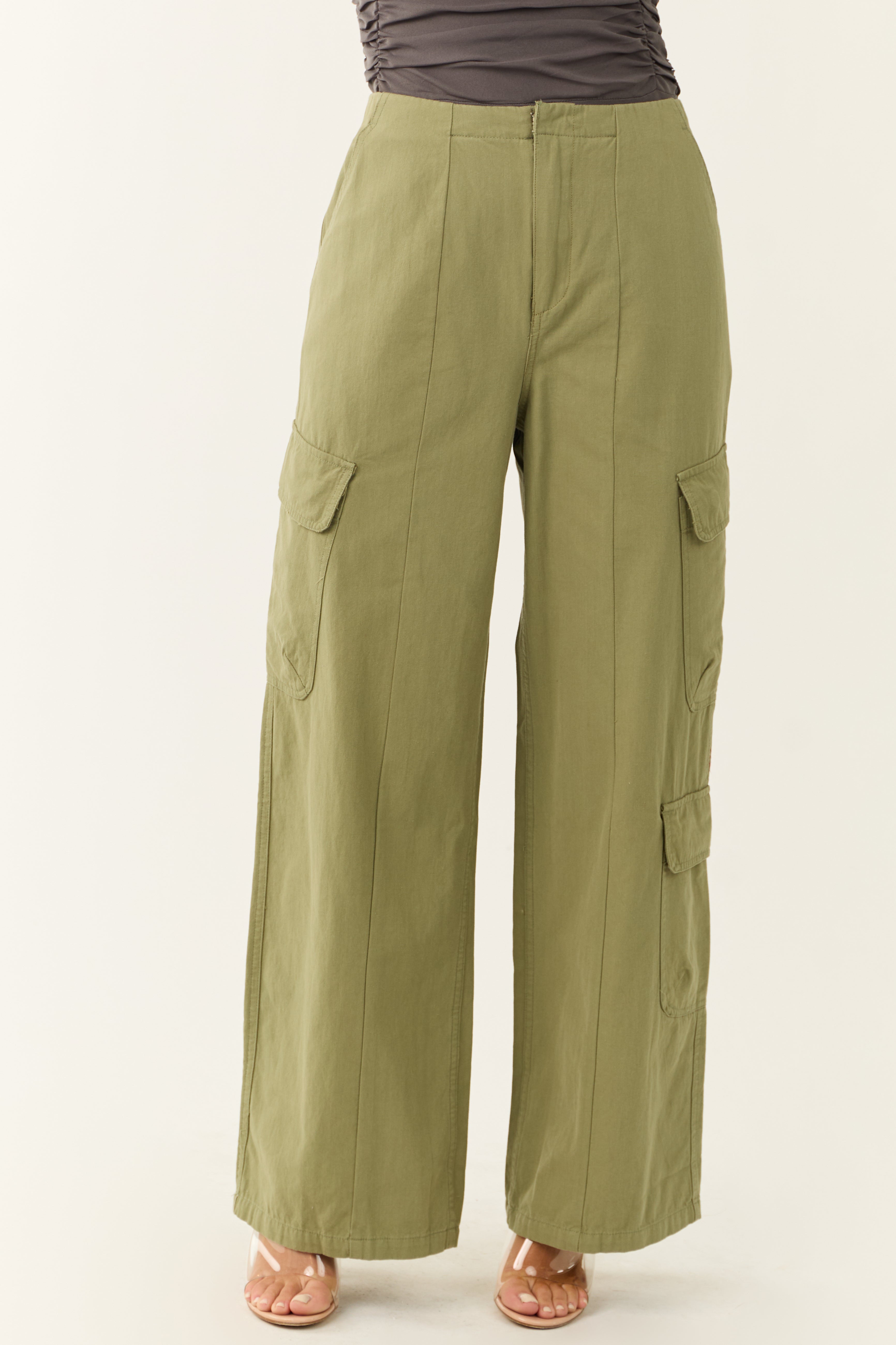 Pistachio Mid Rise Wide Leg Cargo Pants | Lime Lush Boutique