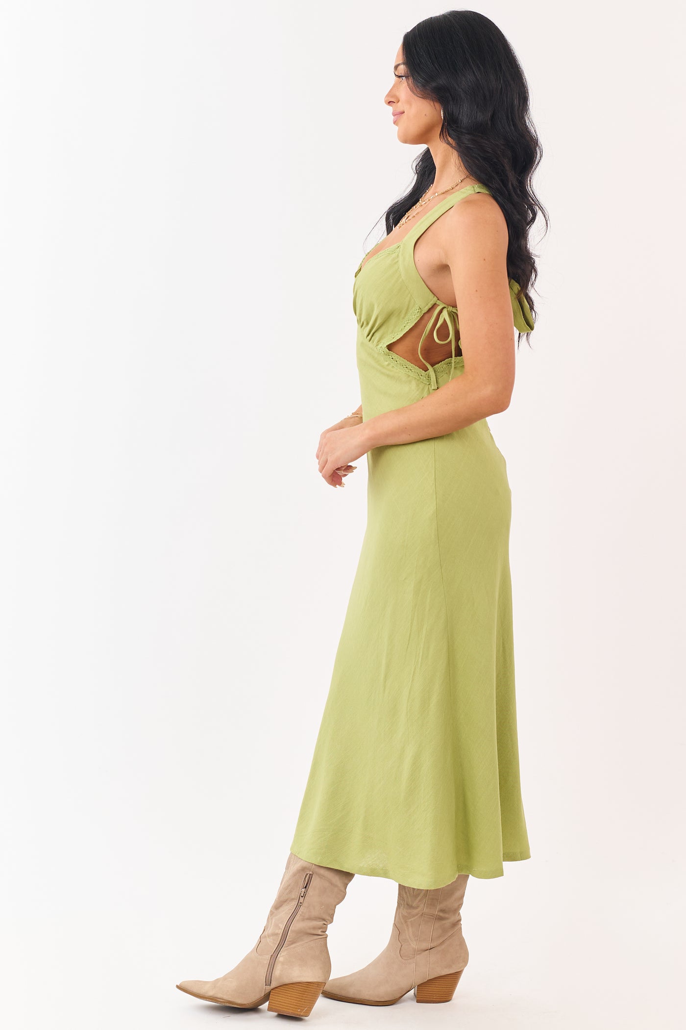 Pistachio Open Side Linen Blend Midi Dress