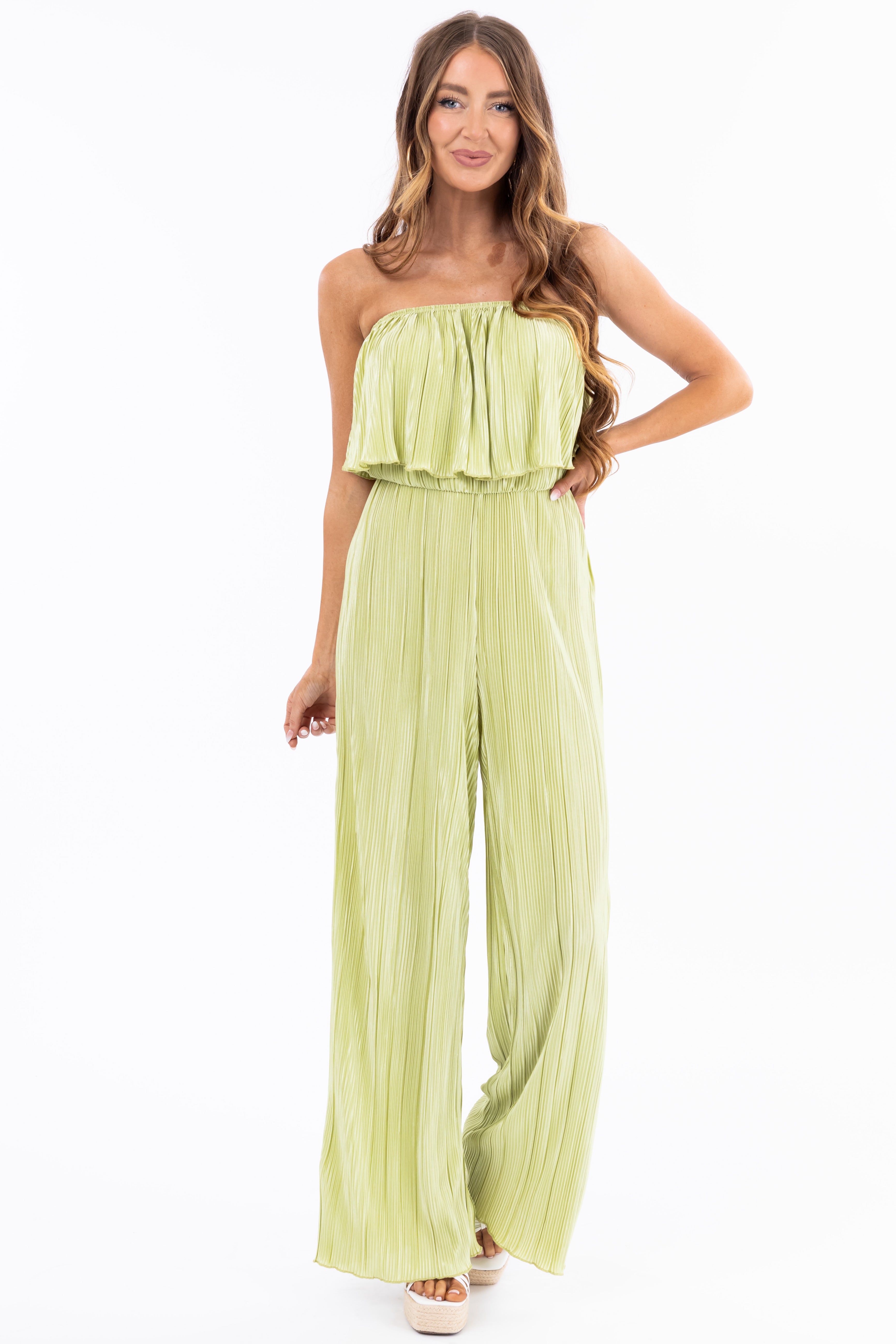 Pistachio Pleated Sleeveless Overlay Jumpsuit | Lime Lush