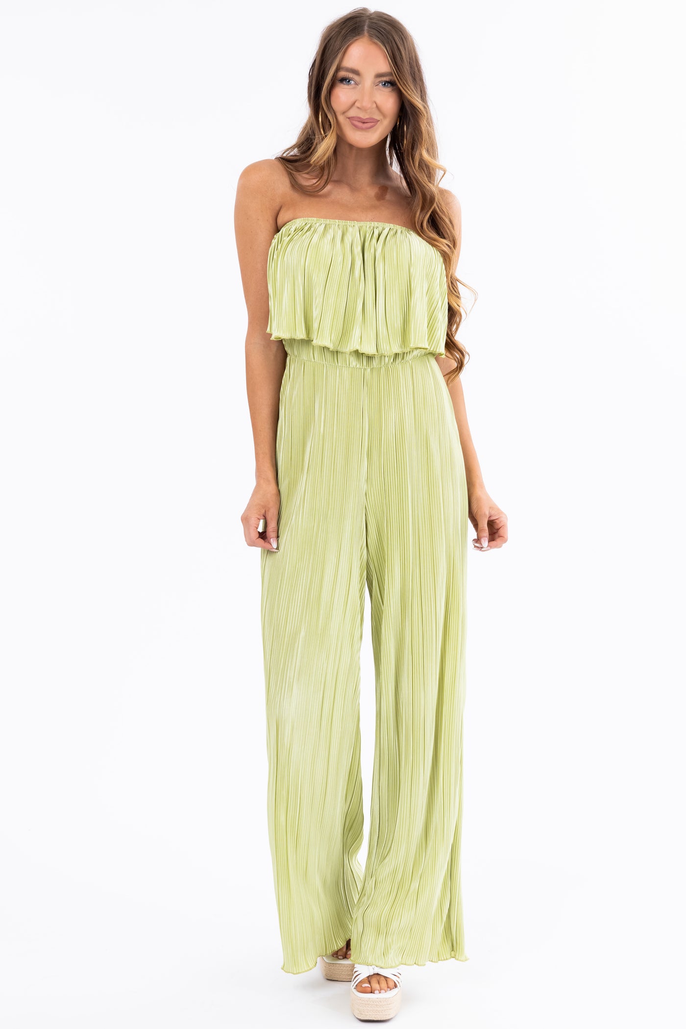 Pistachio Pleated Sleeveless Overlay Jumpsuit