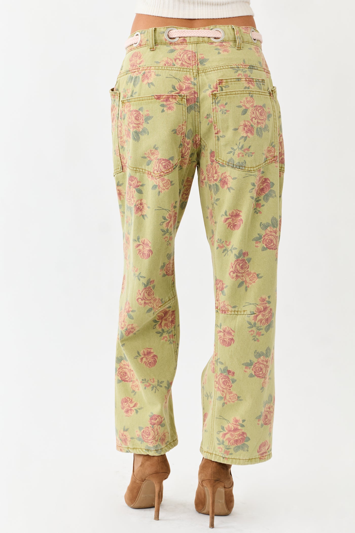 Pistachio Rose Print Rope Waist Belt Wide Denim Pants