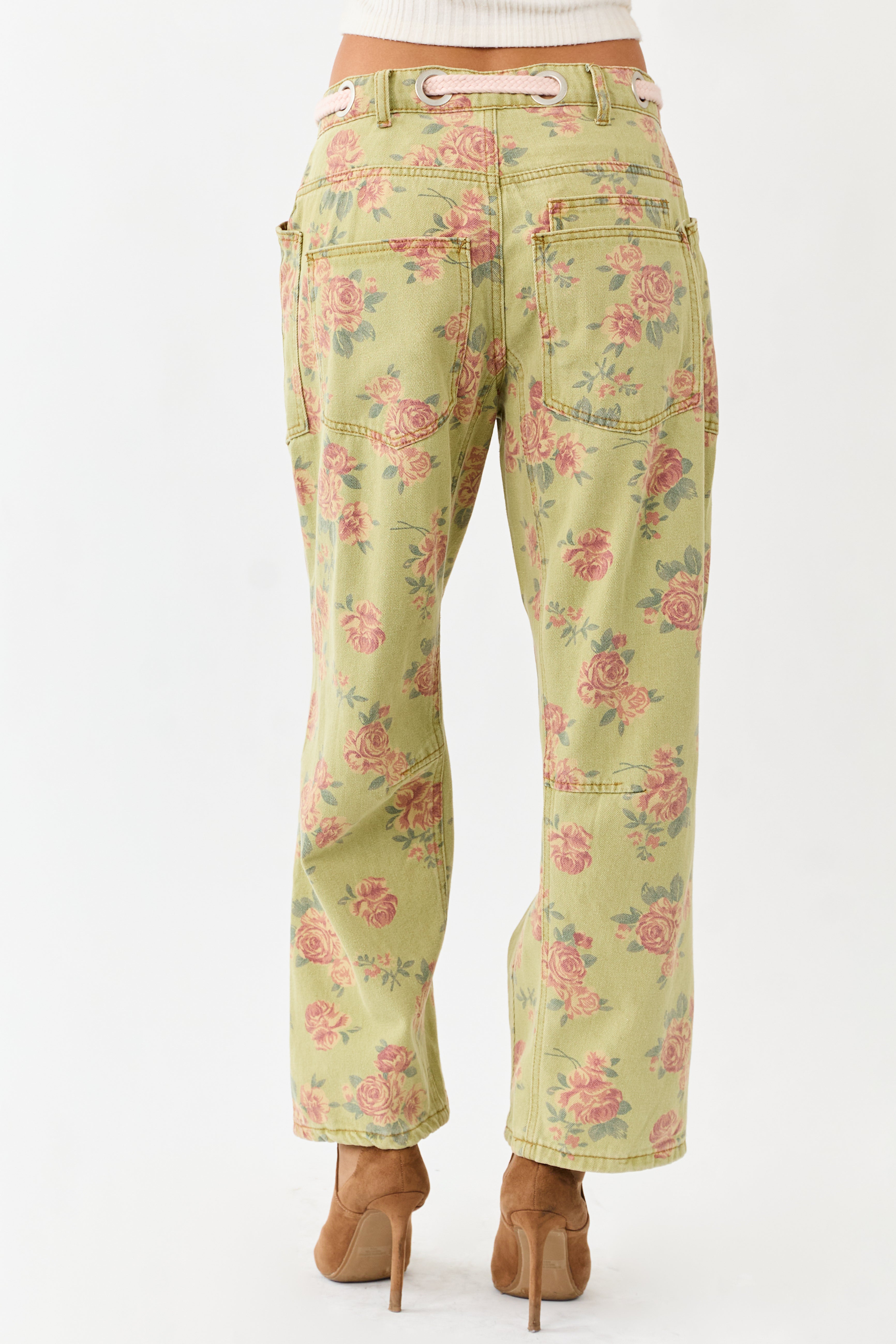 Pistachio Rose Print Rope Waist Belt Wide Denim Pants