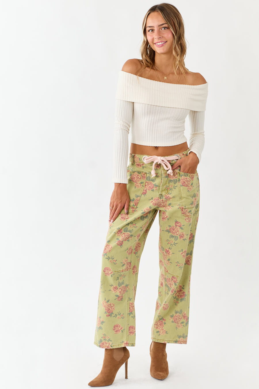Pistachio Rose Print Rope Waist Belt Wide Denim Pants