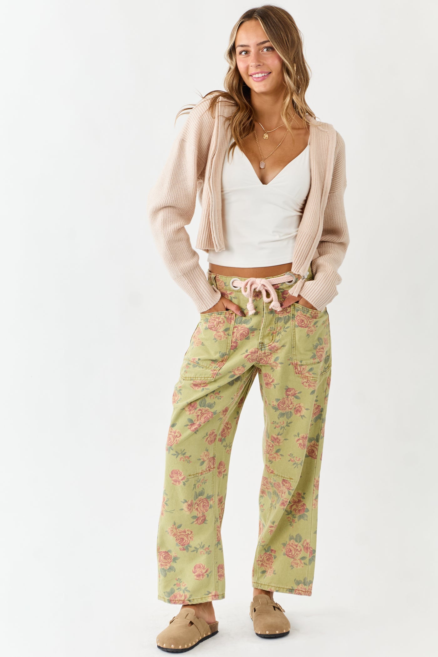 Pistachio Rose Print Rope Waist Belt Wide Denim Pants