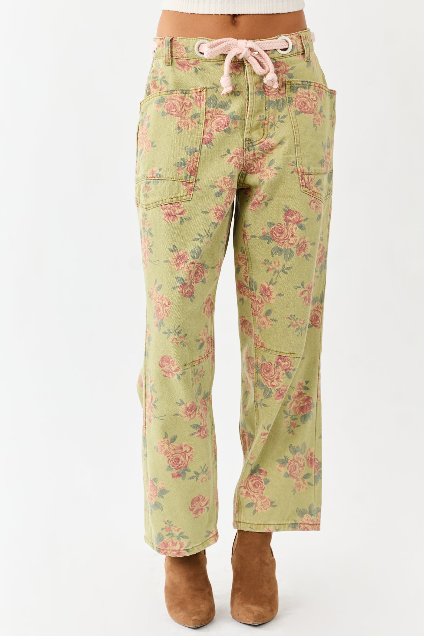 Pistachio Rose Print Rope Waist Belt Wide Denim Pants