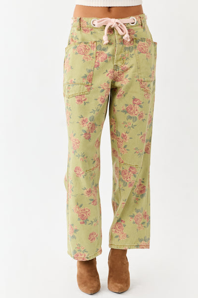 Pistachio Rose Print Rope Waist Belt Wide Denim Pants