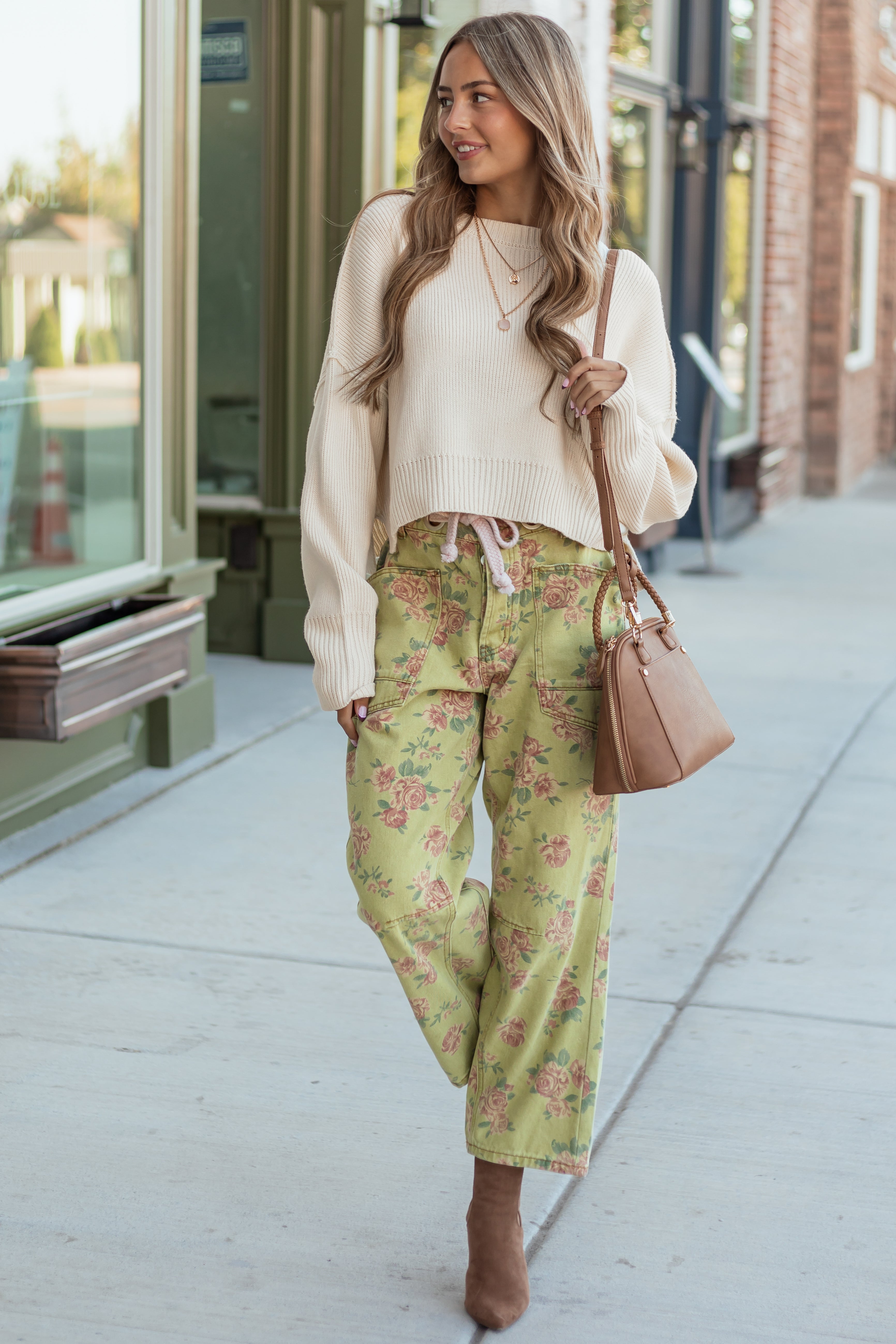 Pistachio Rose Print Rope Waist Belt Wide Denim Pants