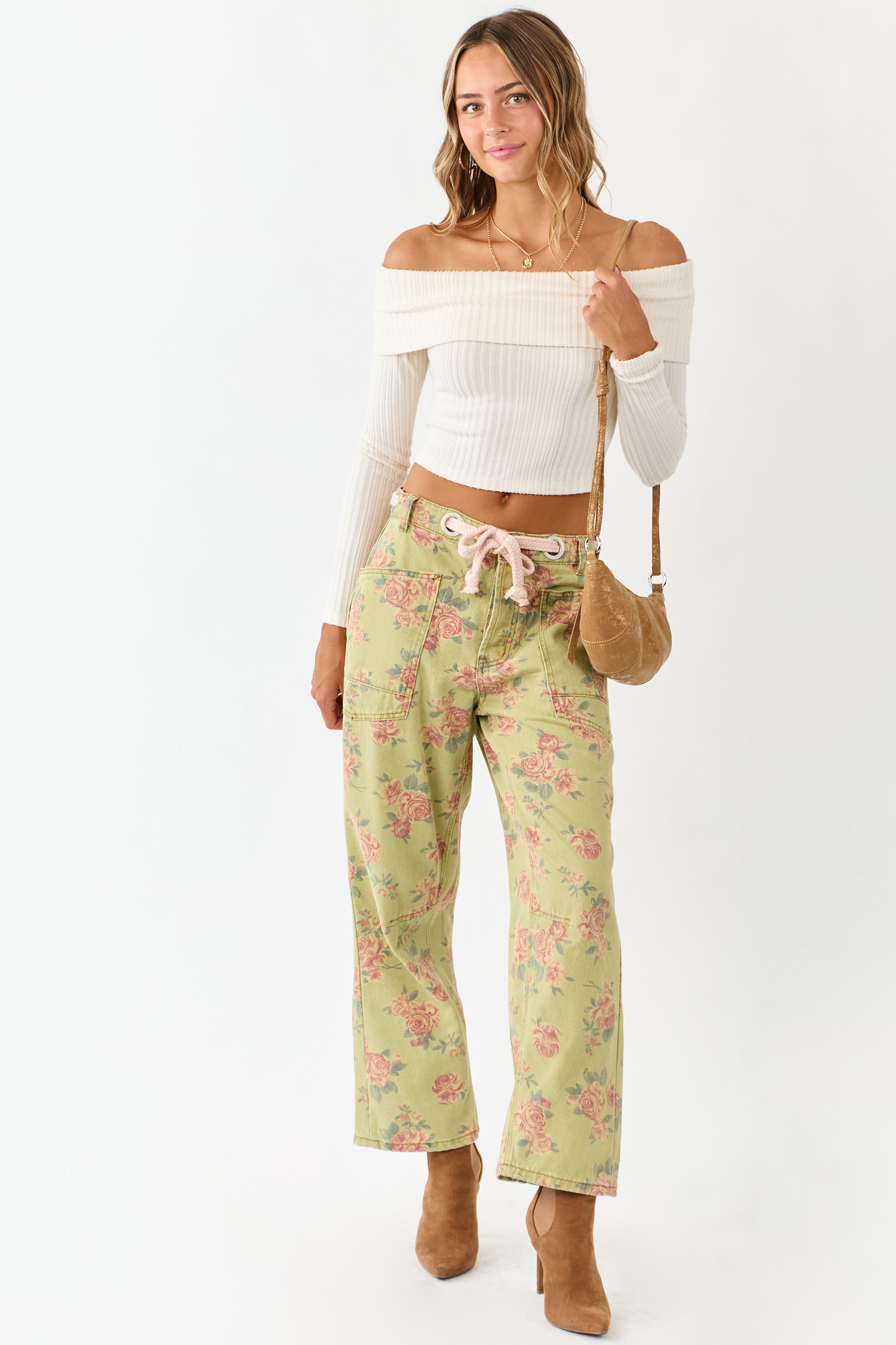 Pistachio Rose Print Rope Waist Belt Wide Denim Pants