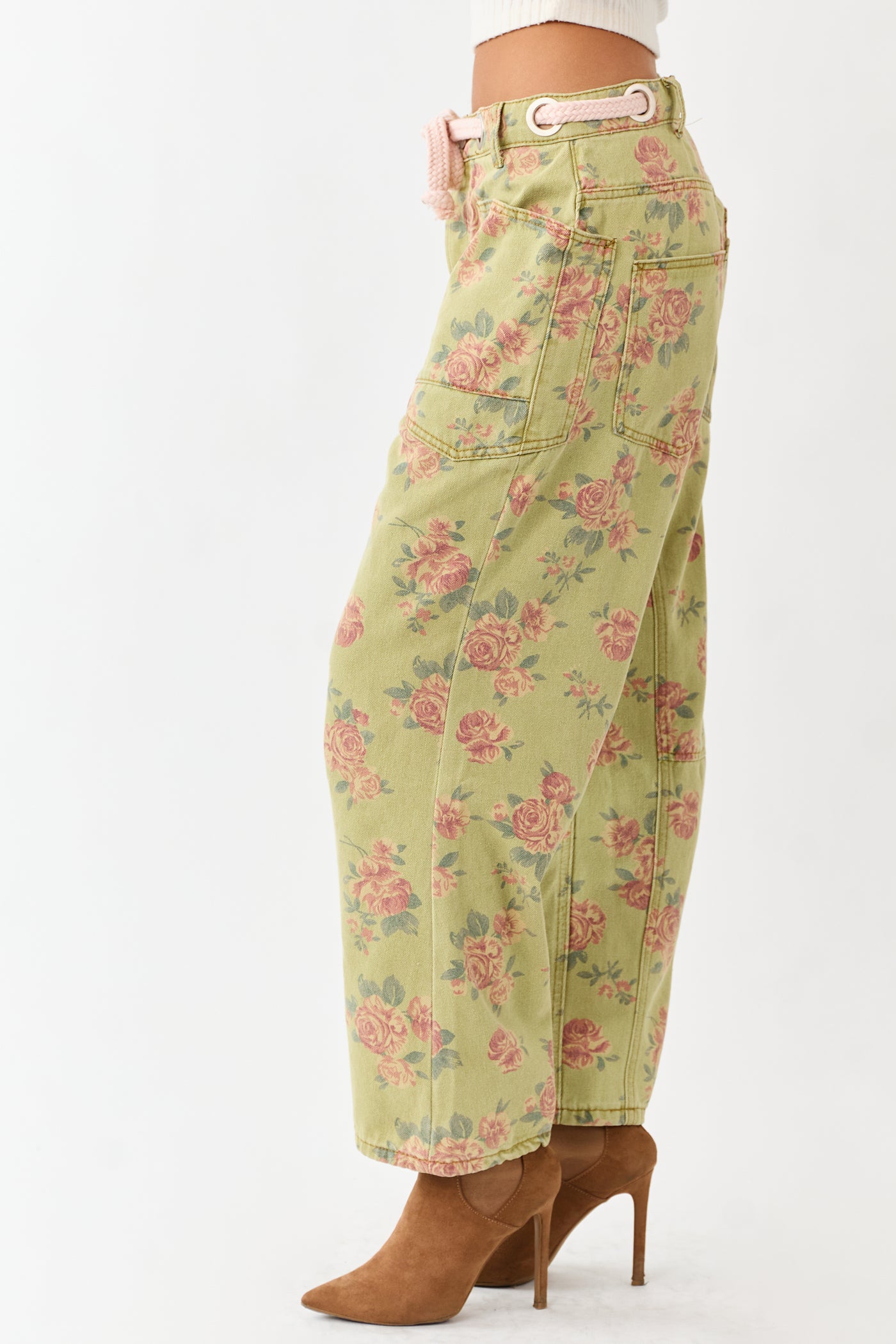 Pistachio Rose Print Rope Waist Belt Wide Denim Pants