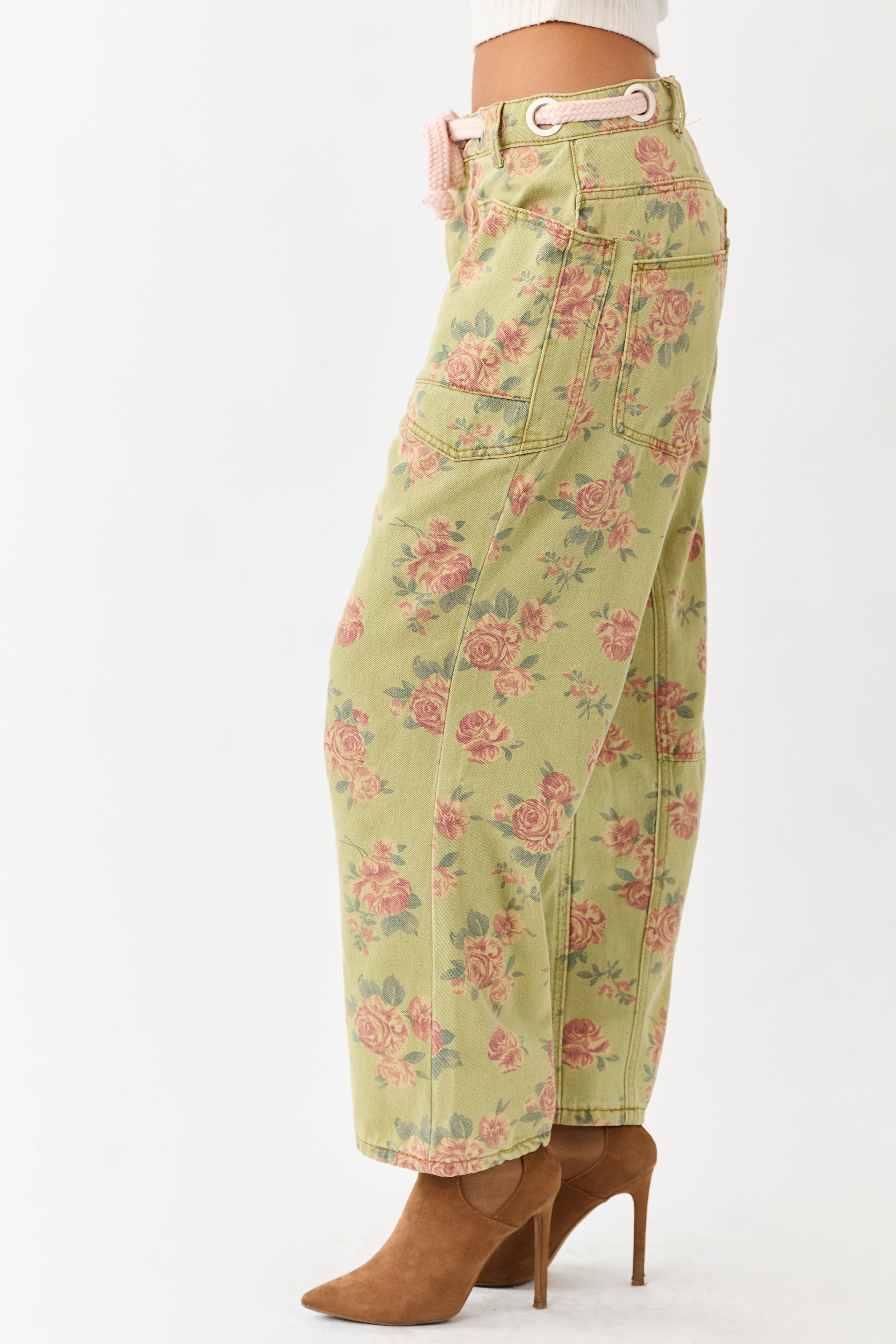 Pistachio Rose Print Rope Waist Belt Wide Denim Pants
