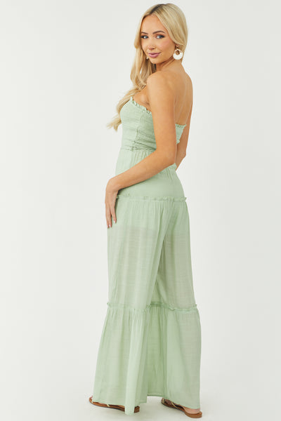 Pistachio Strapless Smocked Jumpsuit with Tie Detail