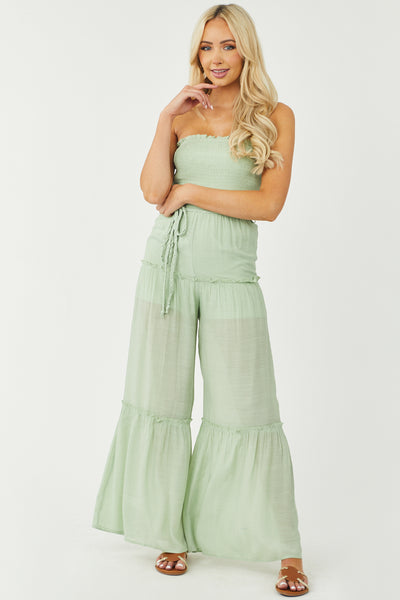 Pistachio Strapless Smocked Jumpsuit with Tie Detail