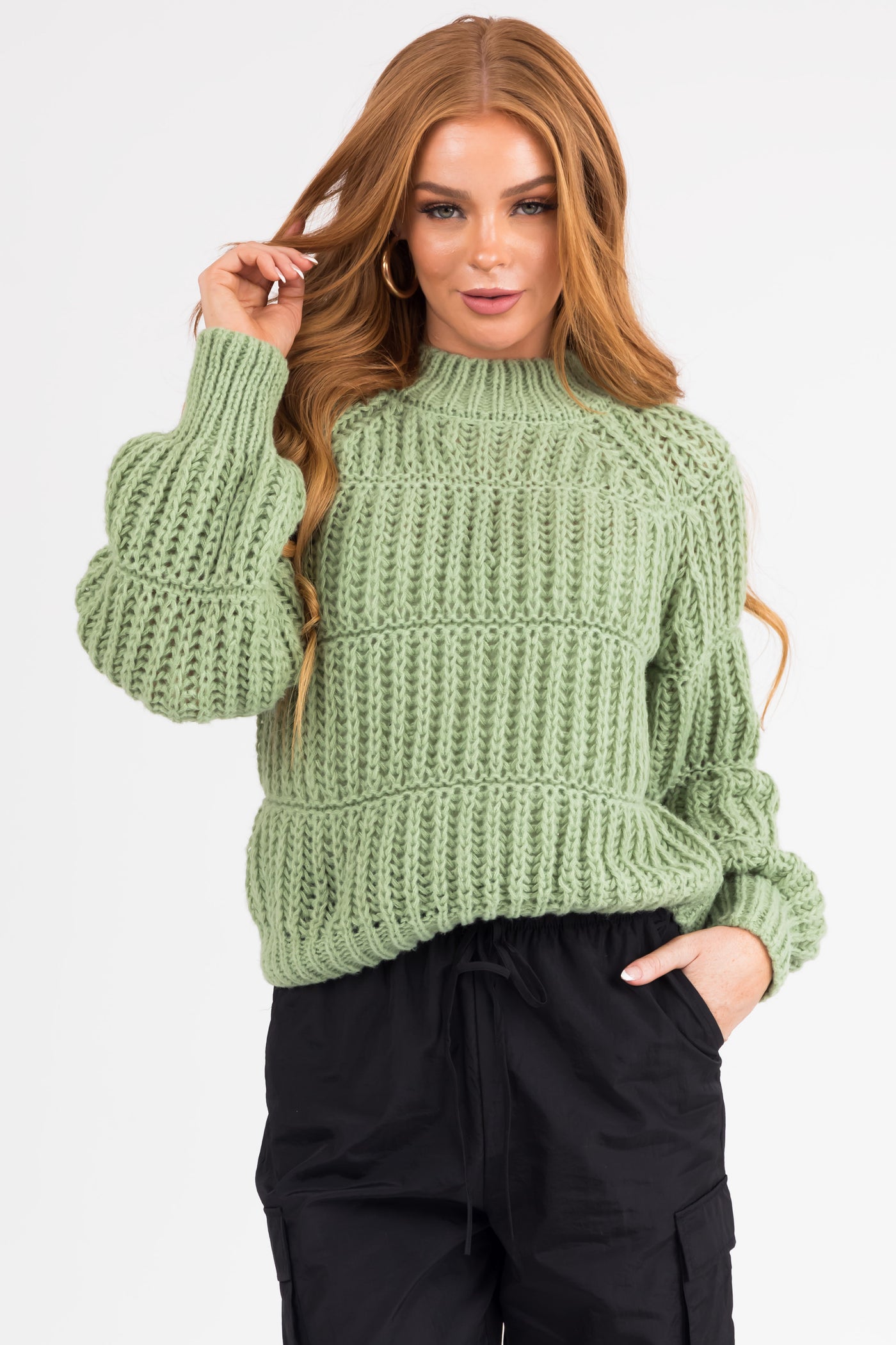 Pistachio Thick Crochet Knit Tiered Sweater