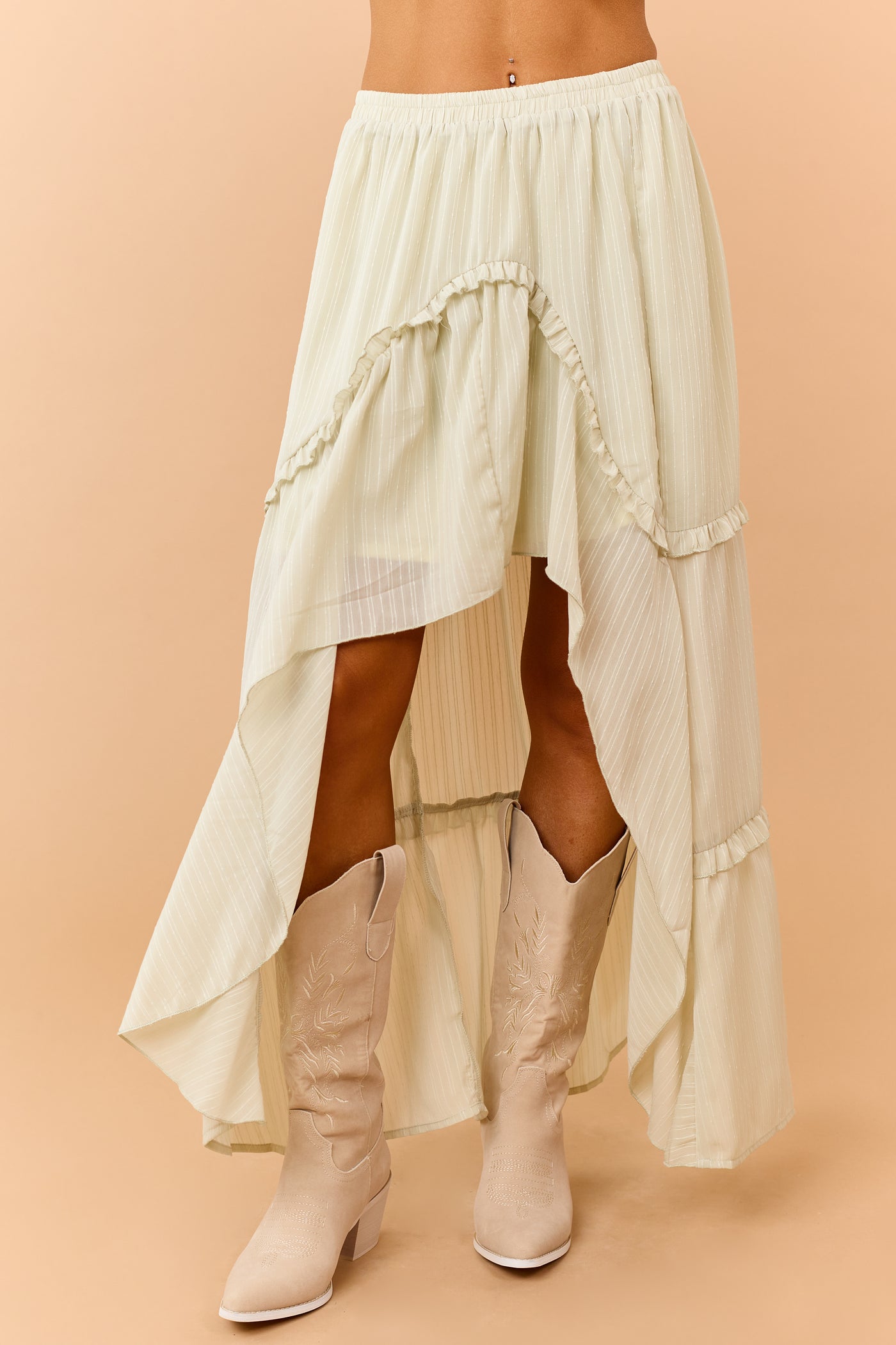 Pistachio Tiered Ruffle High Low Hem Midi Skirt