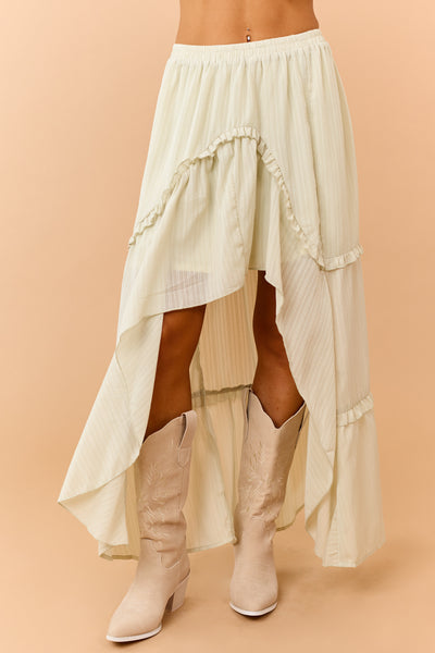 Pistachio Tiered Ruffle High Low Hem Midi Skirt