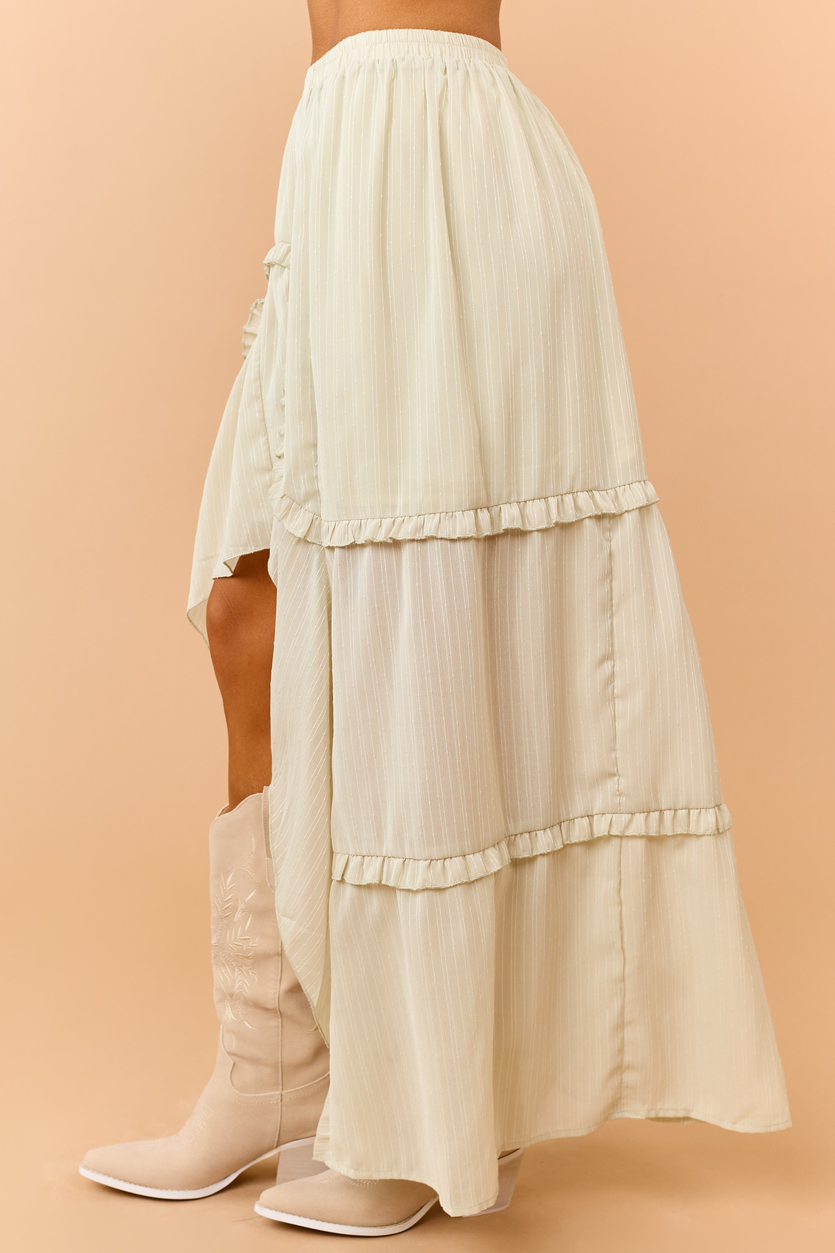 Pistachio Tiered Ruffle High Low Hem Midi Skirt | Lime Lush Boutique