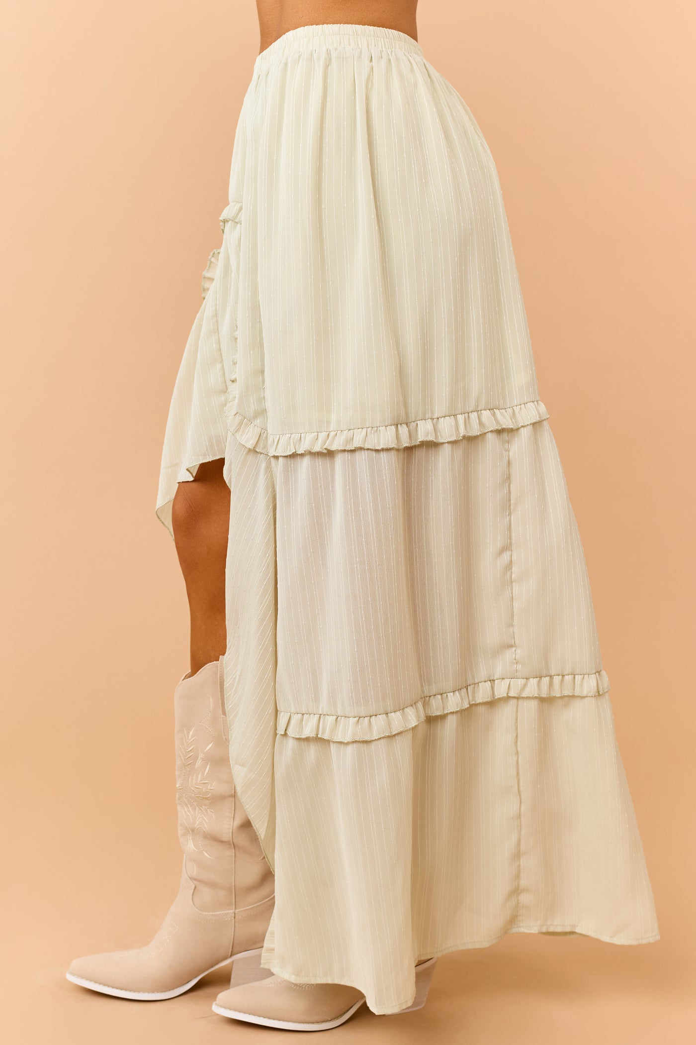 Pistachio Tiered Ruffle High Low Hem Midi Skirt