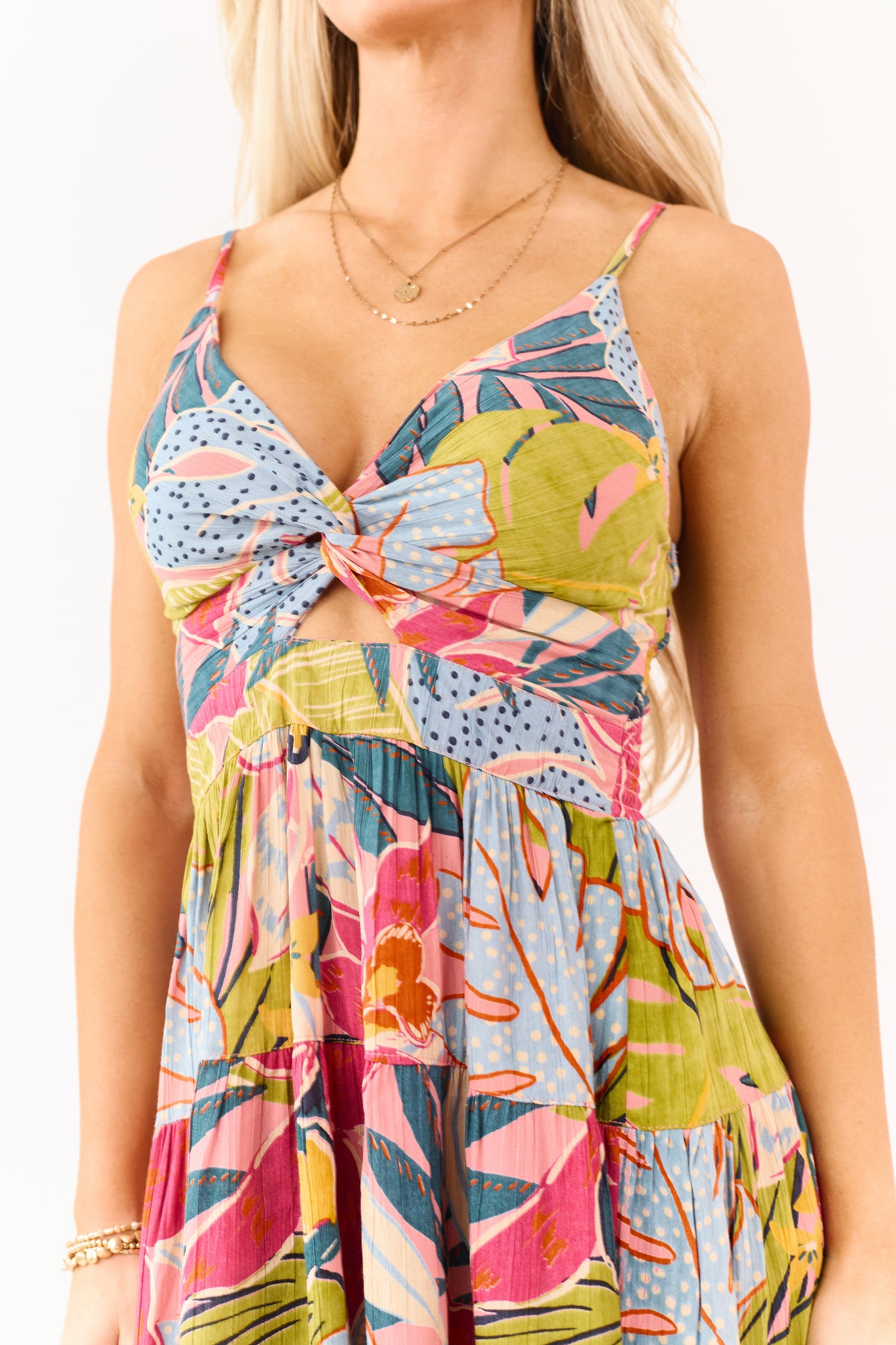 Pistachio Tropical Floral Print Sleeveless Mini Dress