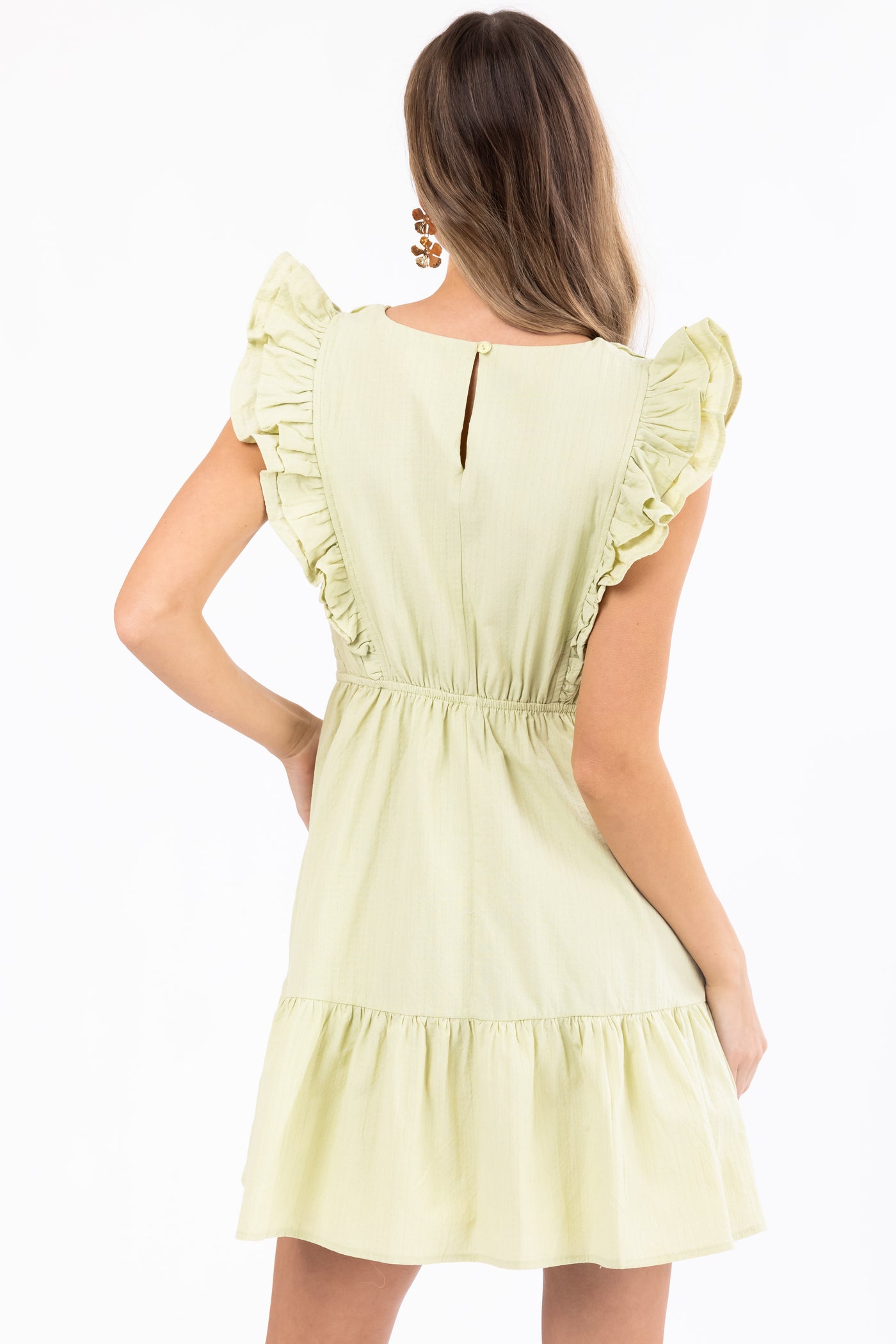Pistachio V Neck Ruffle Sleeve Short Dress