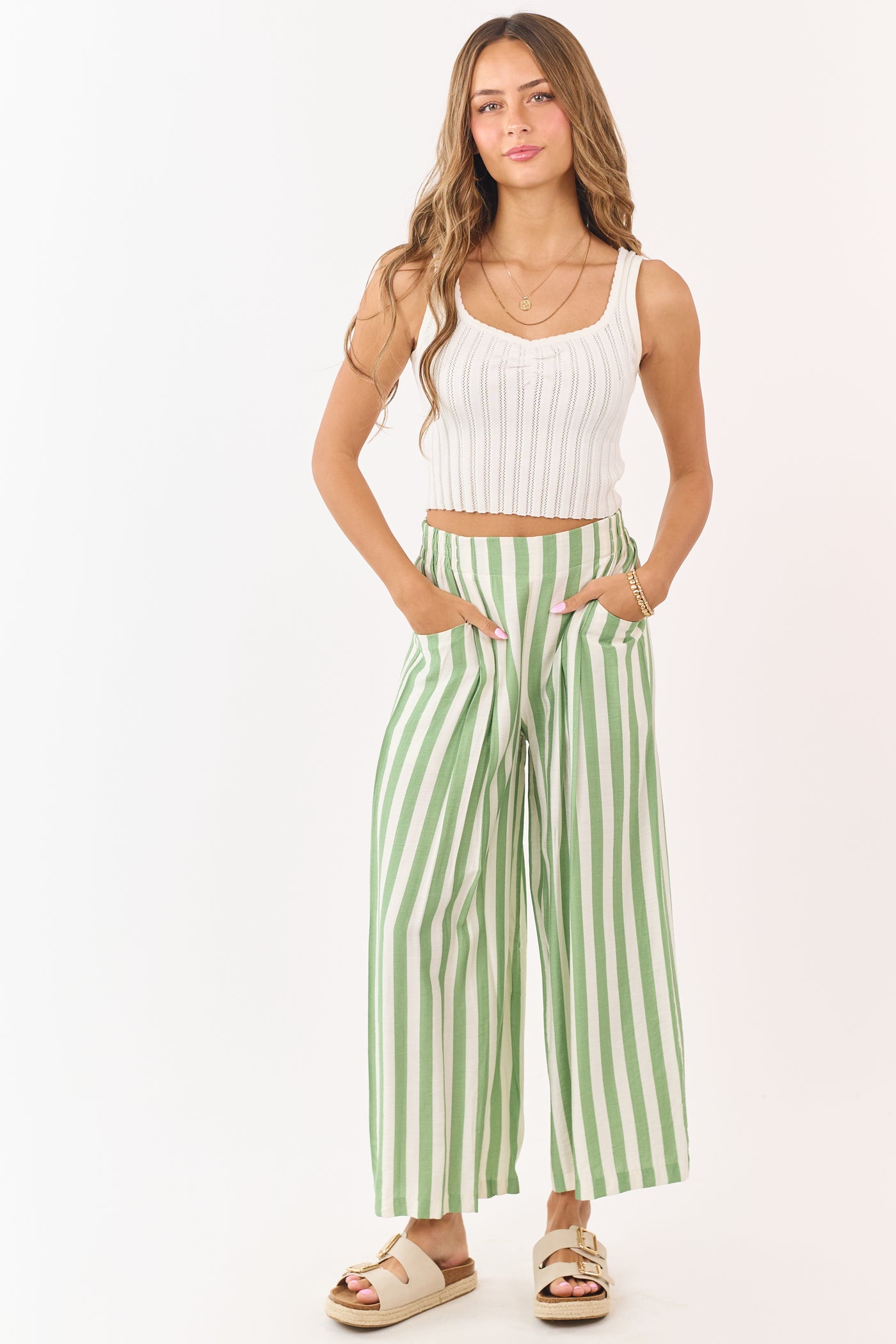 Pistachio and Vanilla Striped Wide Leg Pants