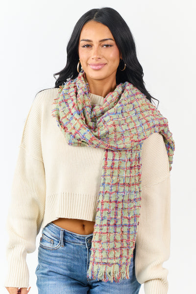 Pistachio Plaid Frayed Trim Wide Scarf