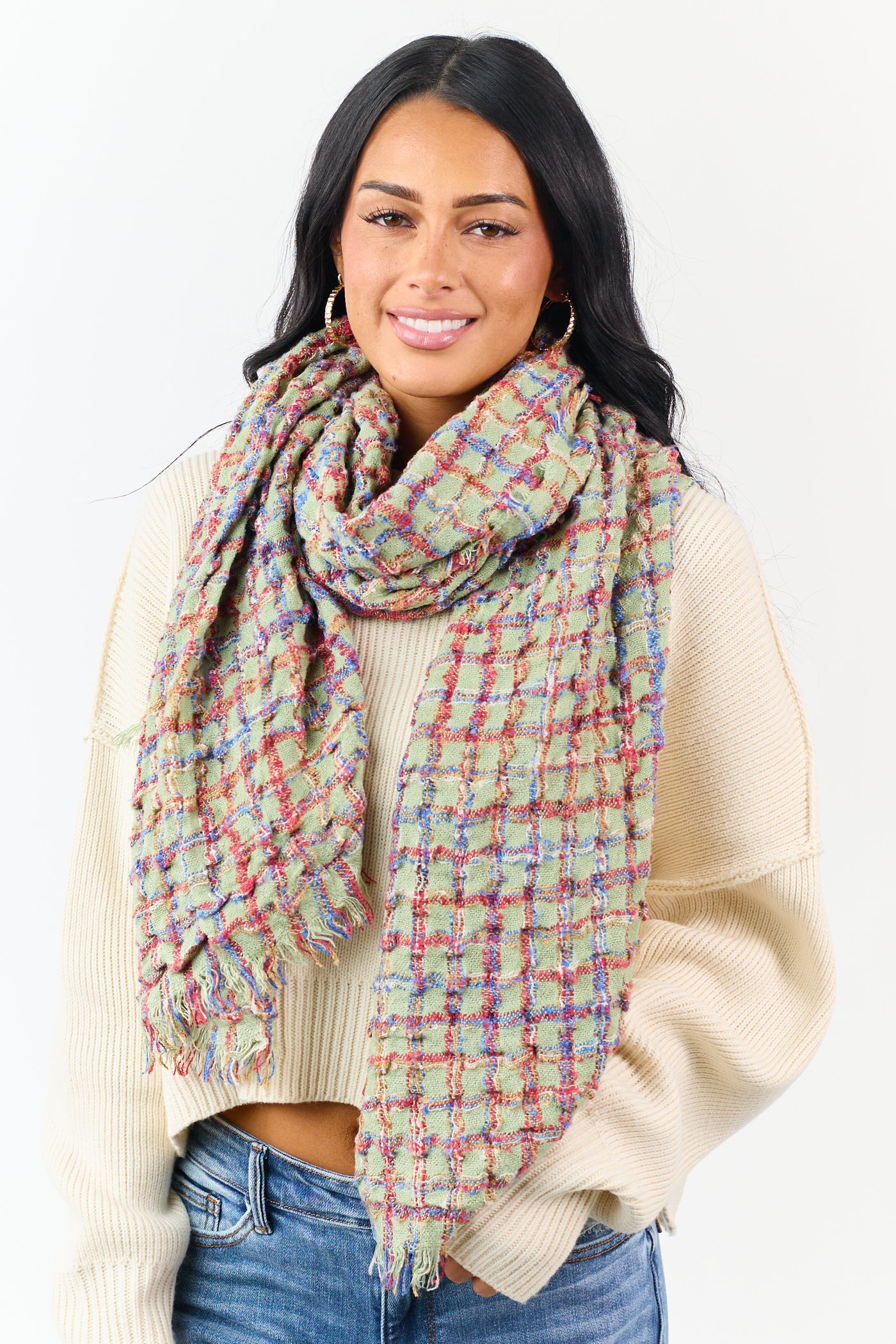 Pistachio Plaid Frayed Trim Wide Scarf