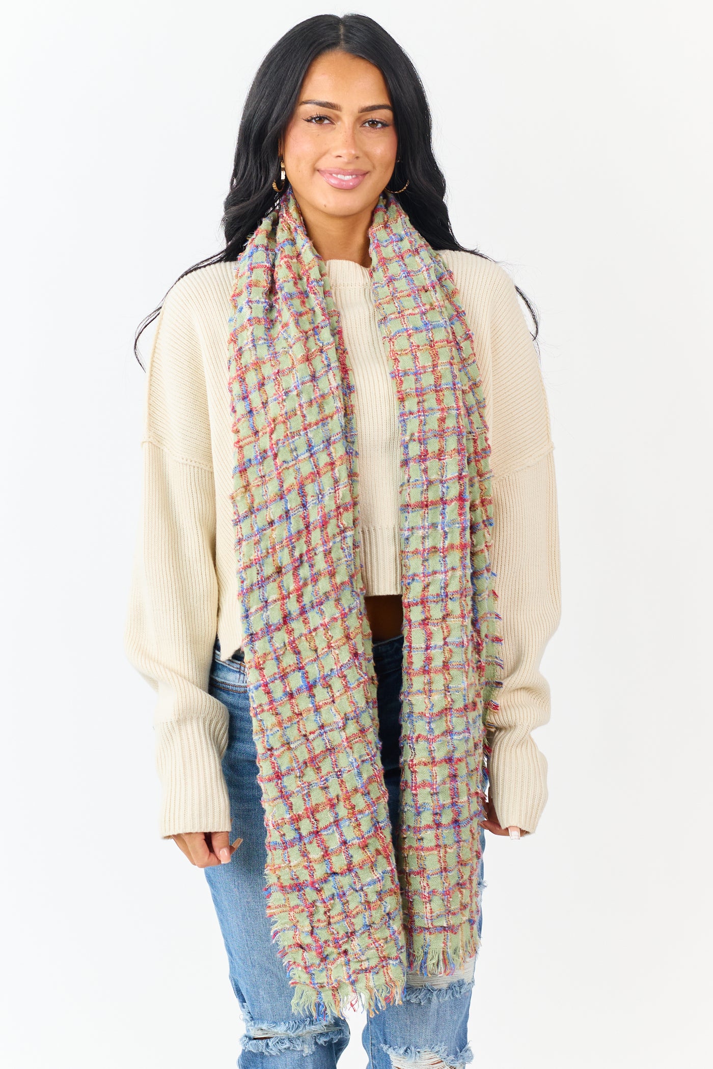 Pistachio Plaid Frayed Trim Wide Scarf