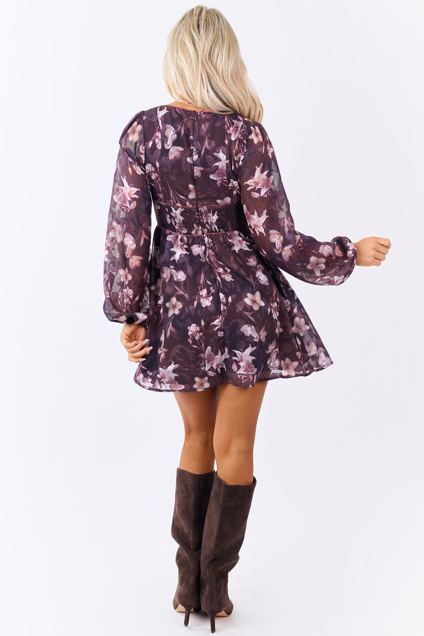 Plum Floral Print Chiffon Deep V Neck Mini Dress