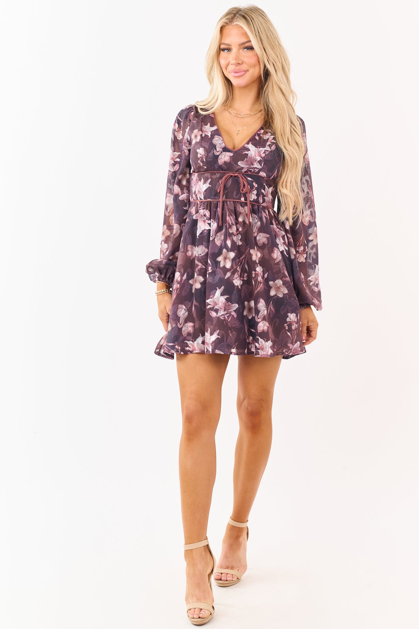 Plum Floral Print Chiffon Deep V Neck Mini Dress