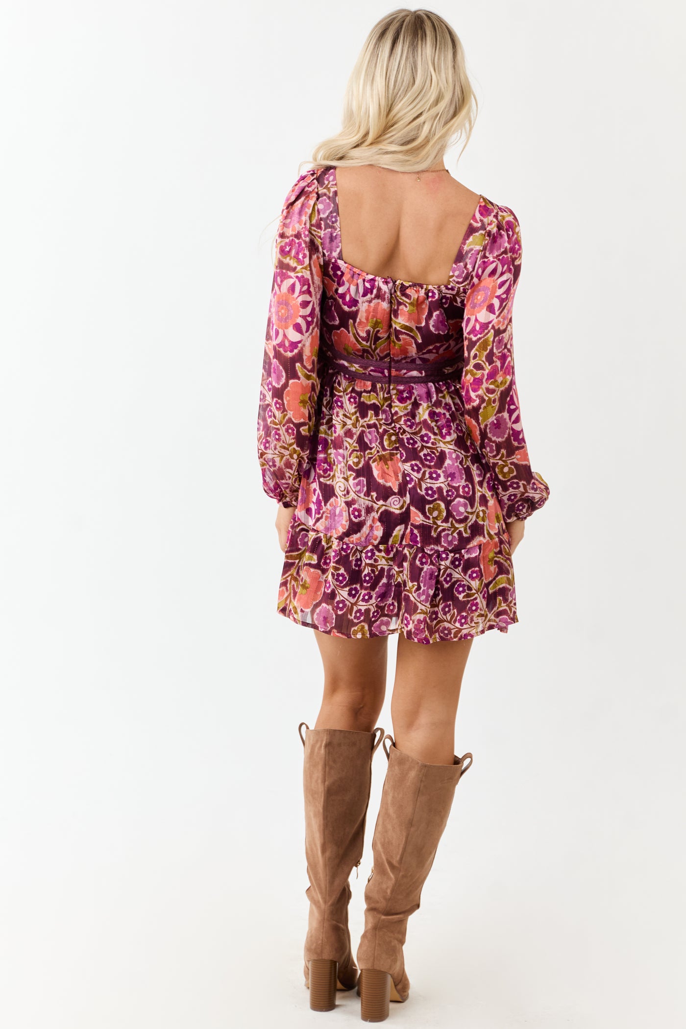Plum Floral Print Deep V Neck Long Sleeve Mini Dress
