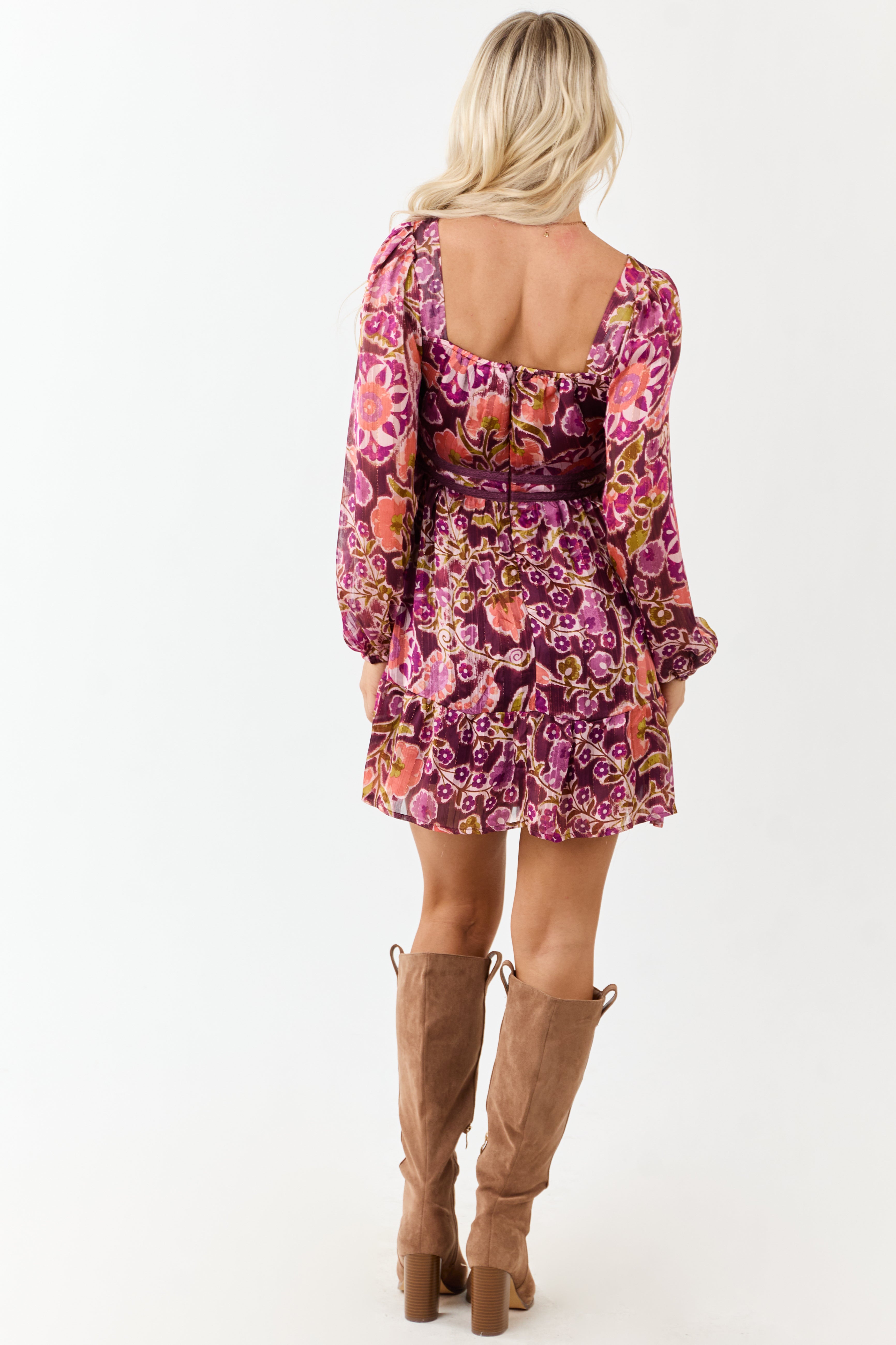Plum Floral Print Deep V Neck Long Sleeve Mini Dress