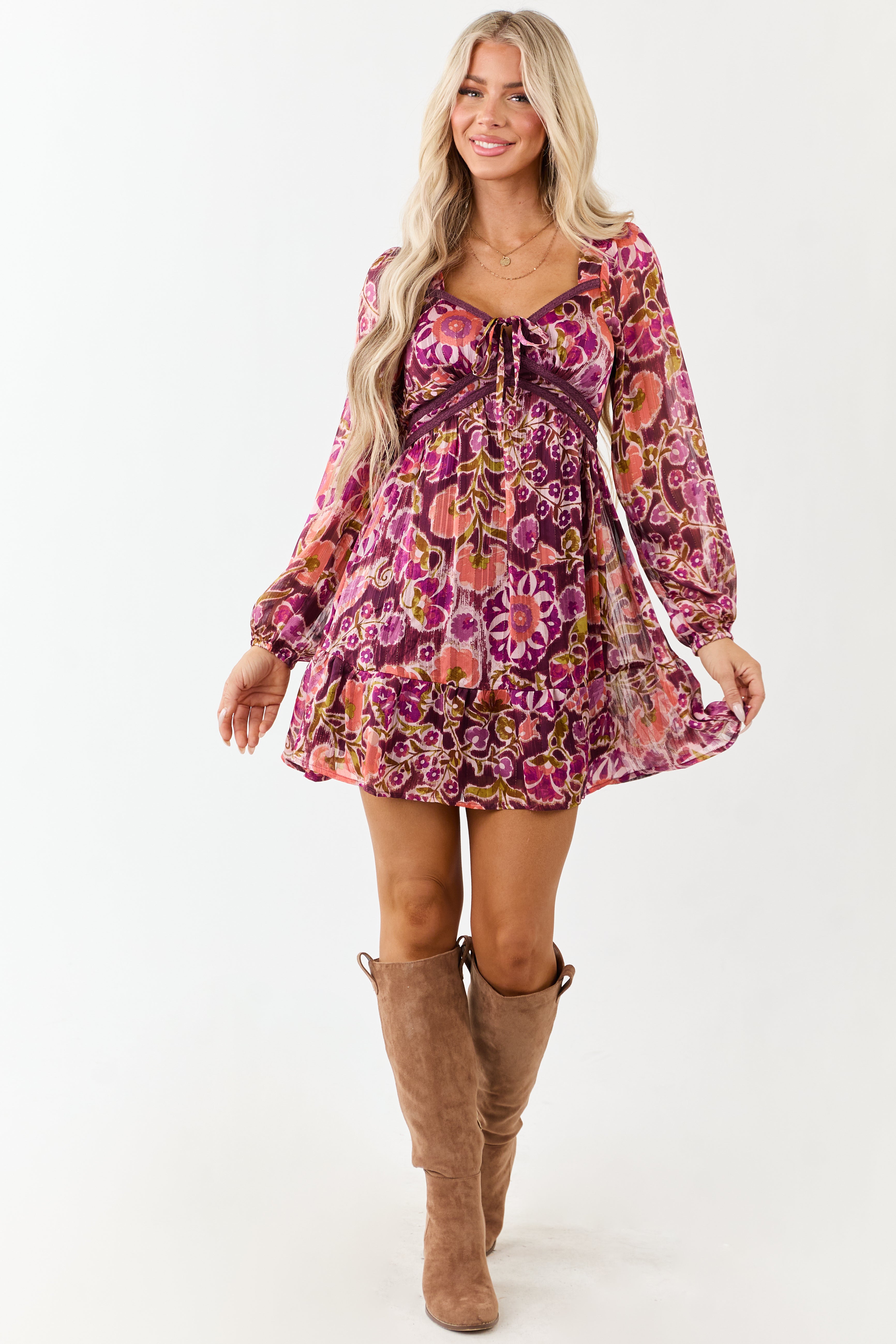 Plum Floral Print Deep V Neck Long Sleeve Mini Dress