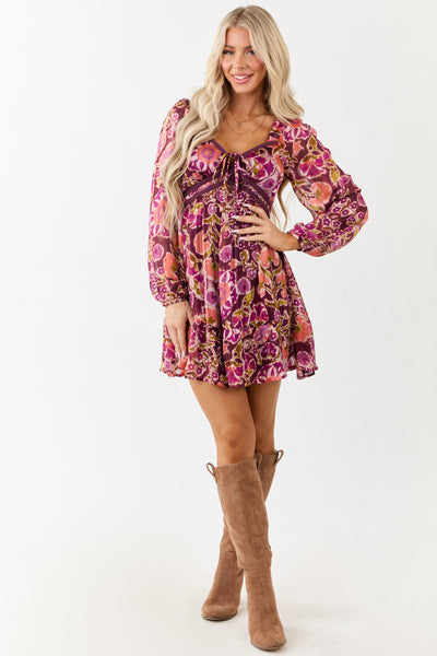 Plum Floral Print Deep V Neck Long Sleeve Mini Dress