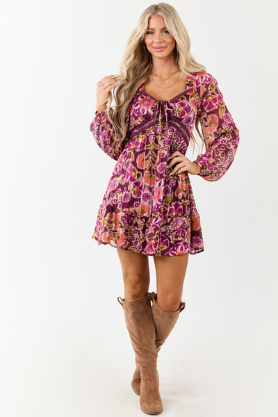Plum Floral Print Deep V Neck Long Sleeve Mini Dress