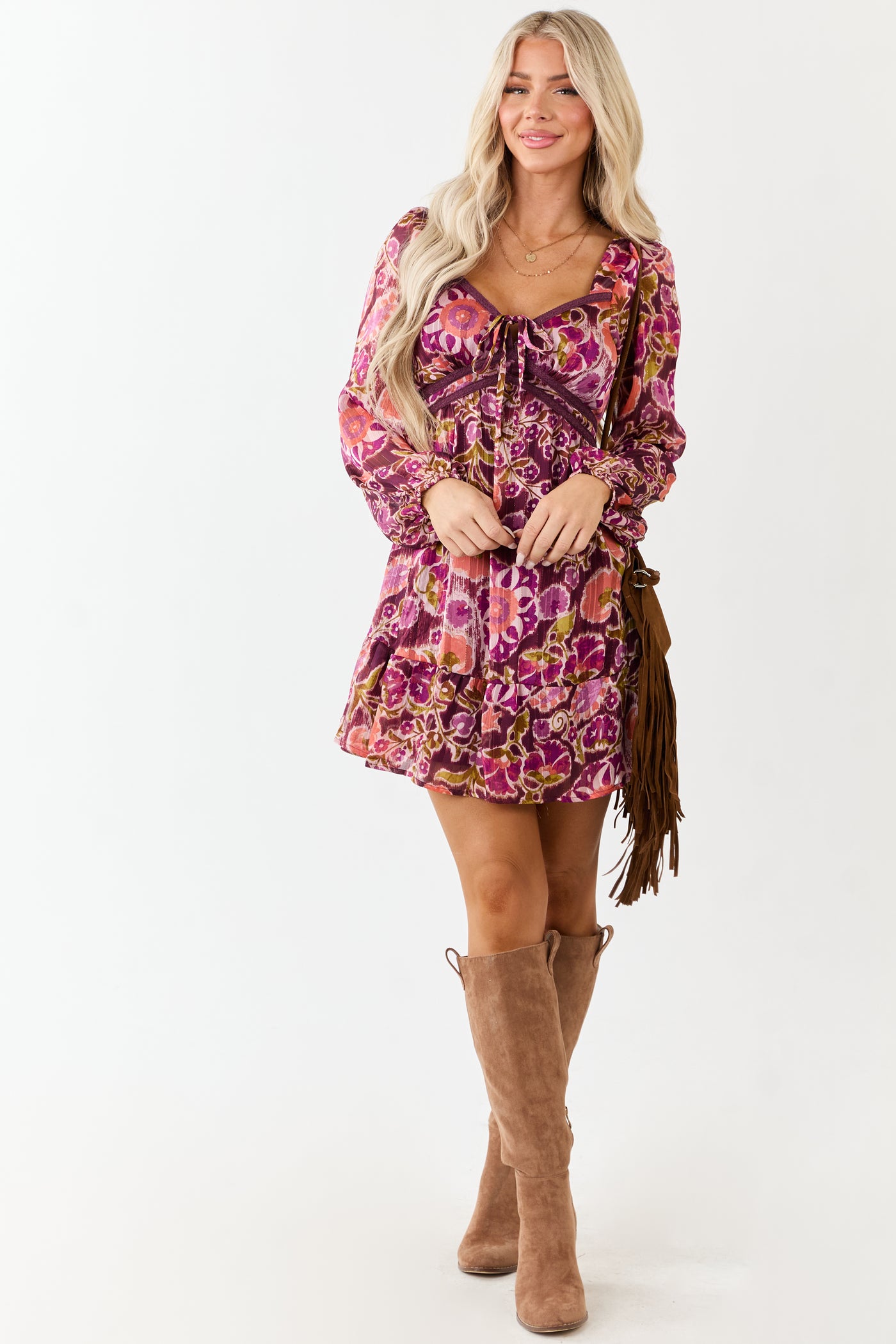 Plum Floral Print Deep V Neck Long Sleeve Mini Dress