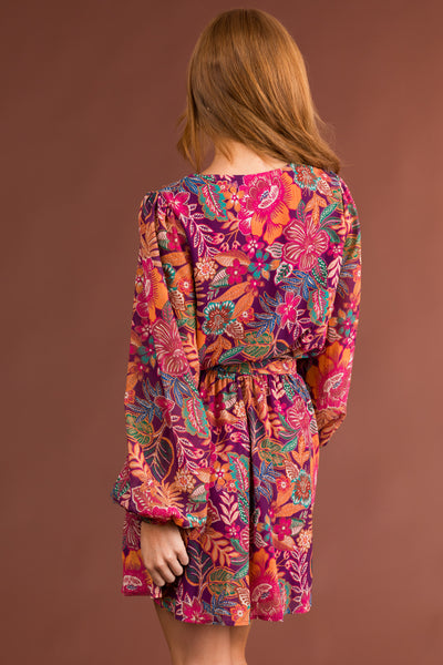 Plum Floral Print V Neck Long Sleeve Mini Dress