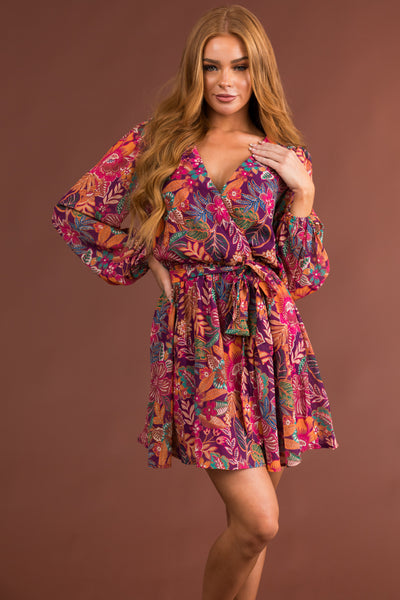 Plum Floral Print V Neck Long Sleeve Mini Dress