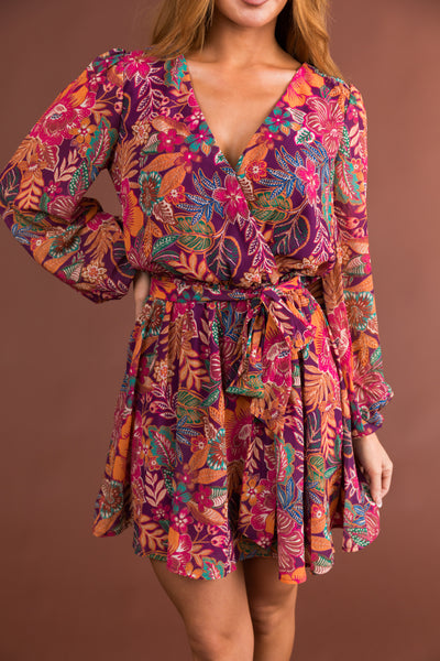 Plum Floral Print V Neck Long Sleeve Mini Dress