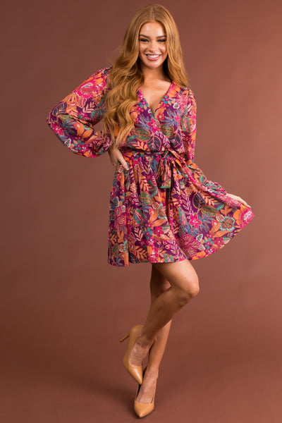 Plum Floral Print V Neck Long Sleeve Mini Dress