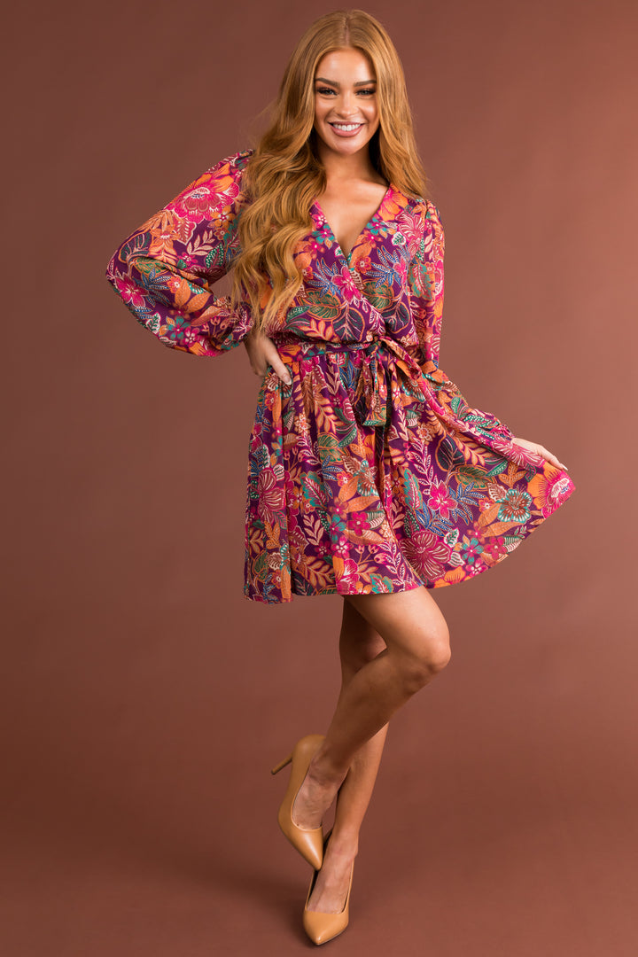 Plum Floral Print V Neck Long Sleeve Mini Dress