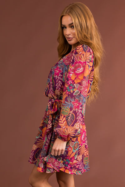 Plum Floral Print V Neck Long Sleeve Mini Dress
