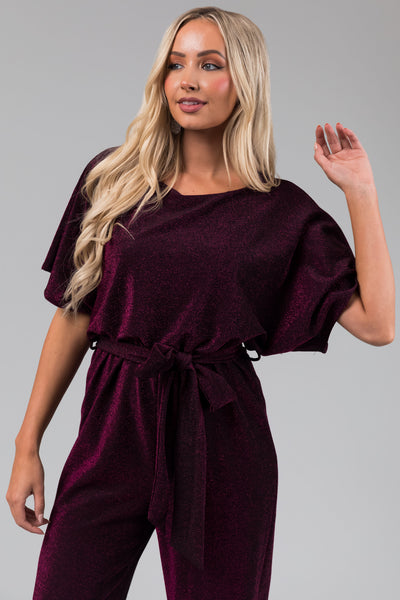 Plum Glitter Waist Tied Jumpsuit